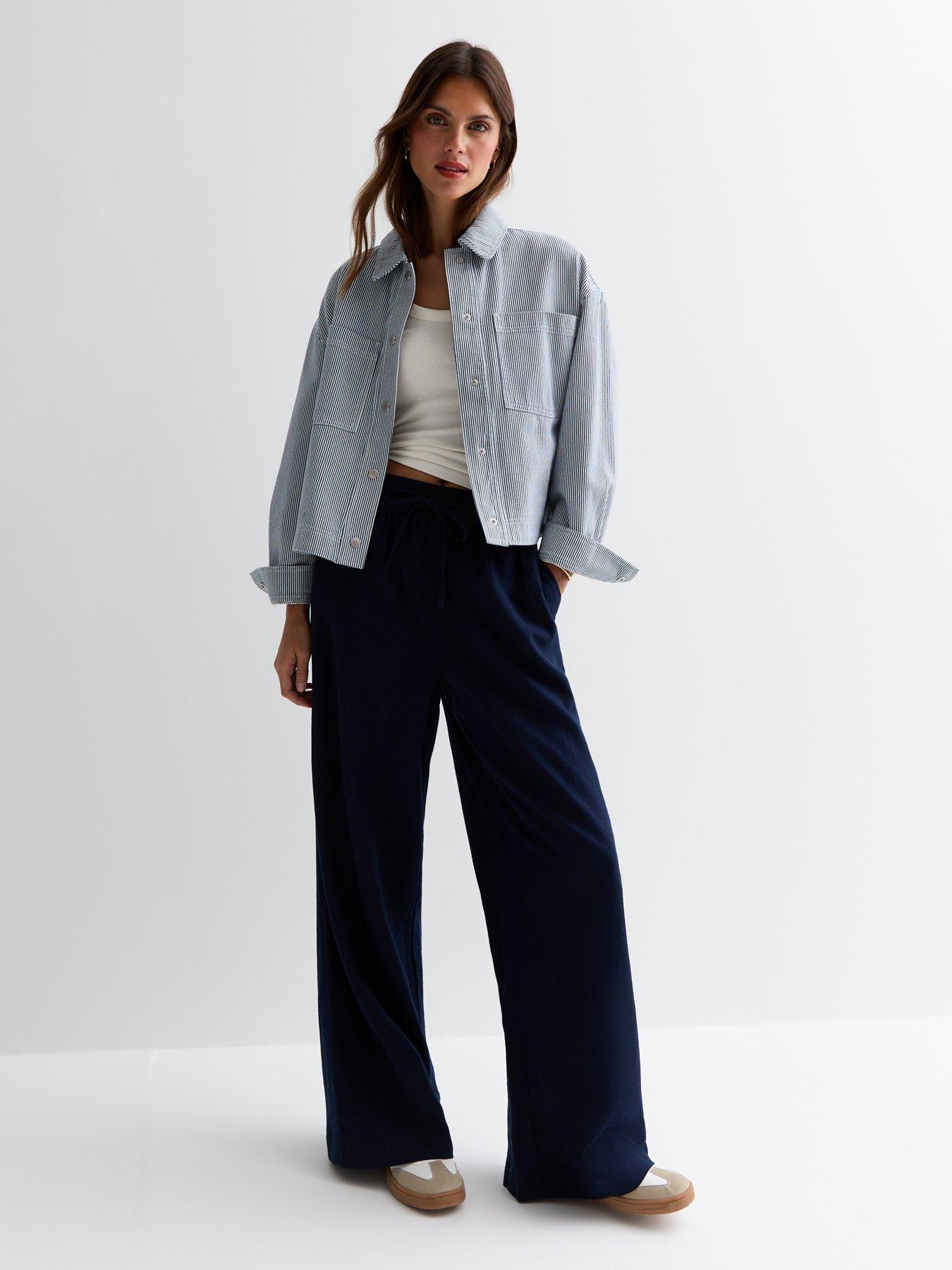Navy linen wide leg trousers deals