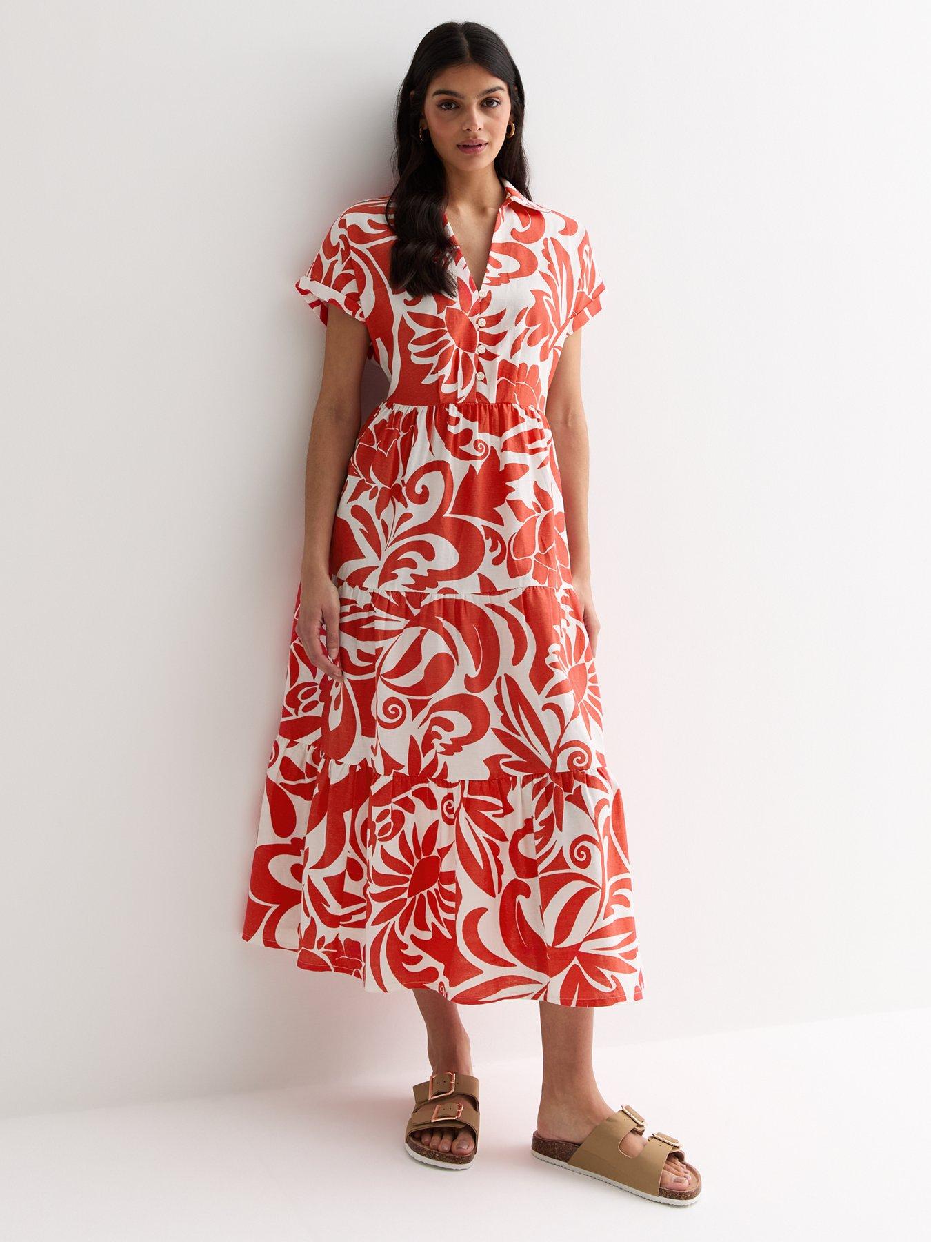 New Look Red Floral Tiered Midi Dress Very