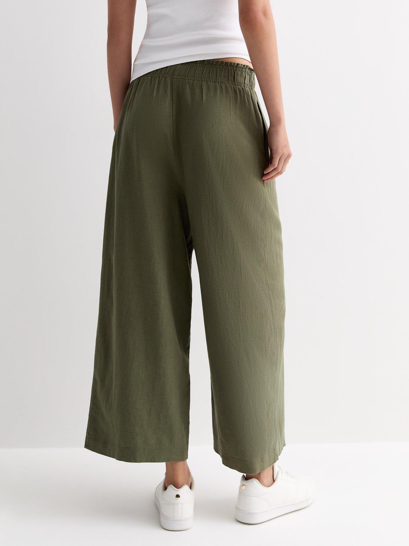 Khaki Linen Blend Crop Wide Leg Trousers