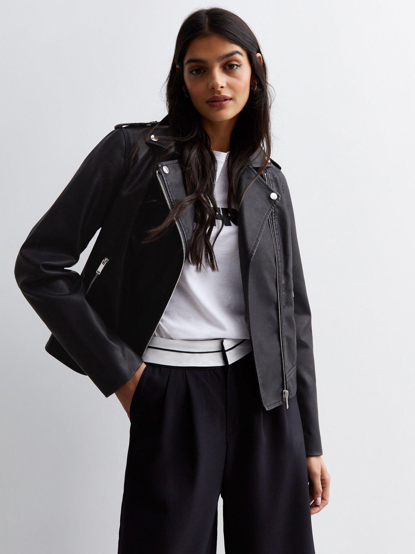 Black Leather look Biker Jacket