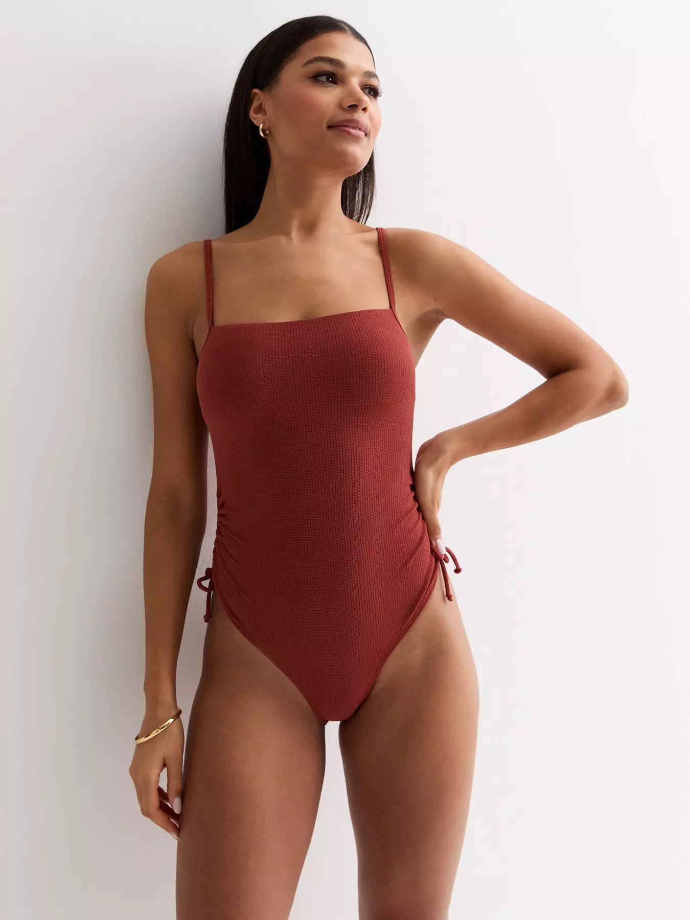 Orange Scoop Neck Ruched Swimsuit