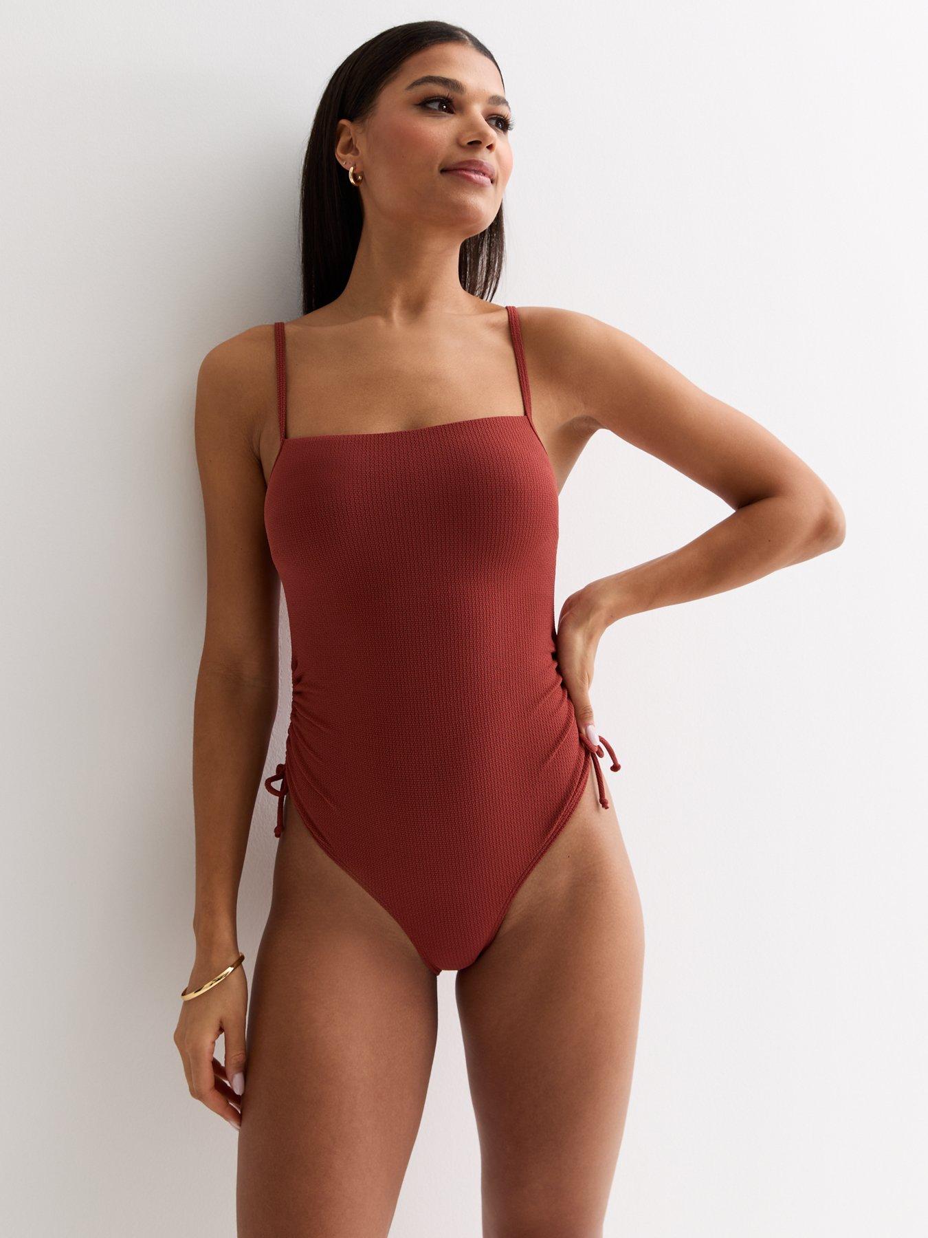 new-look-square-neck-ruched-swimsuit-rust