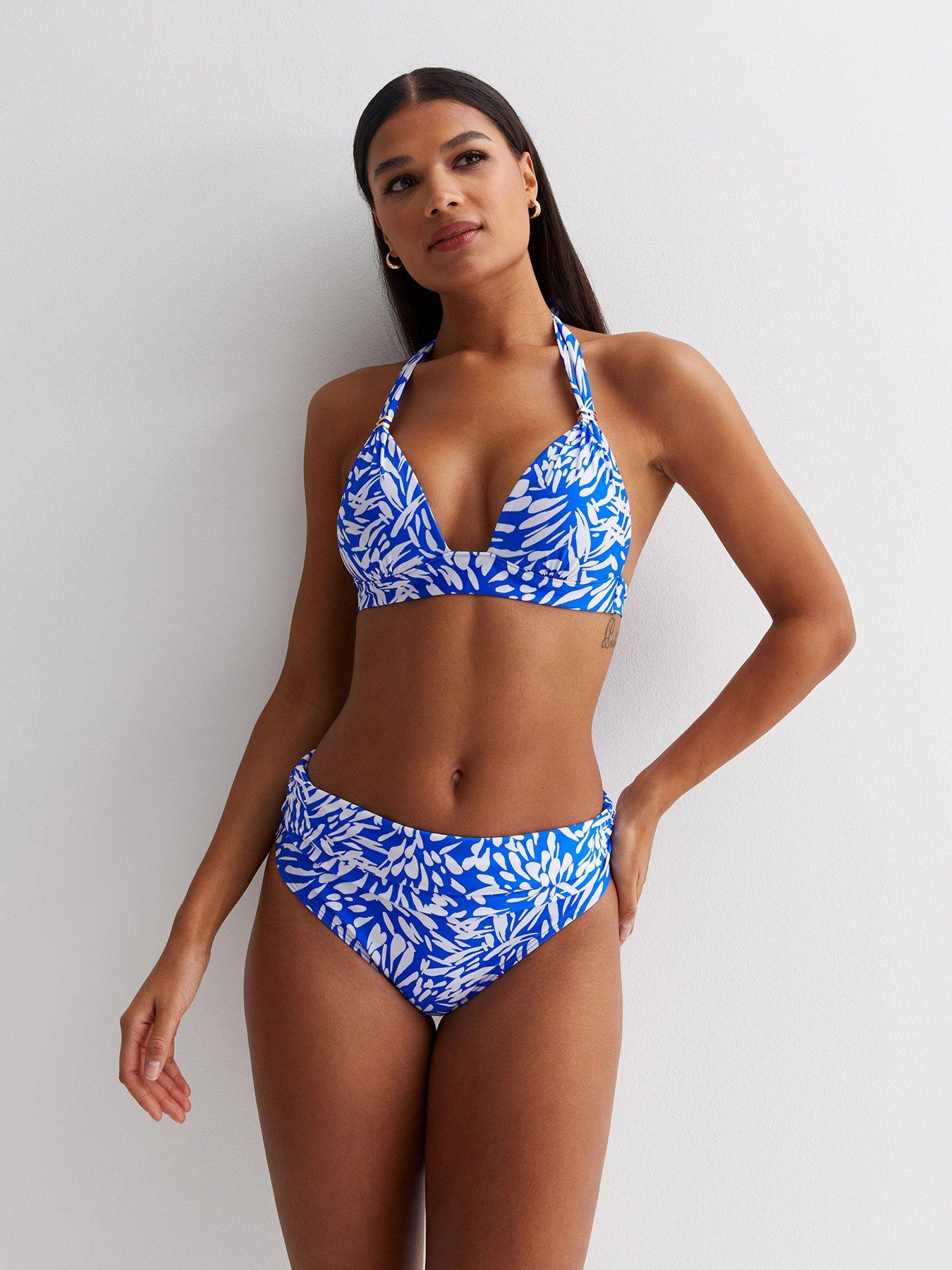 New Look Blue Line Print Triangle Lift & Shape Bikini Top