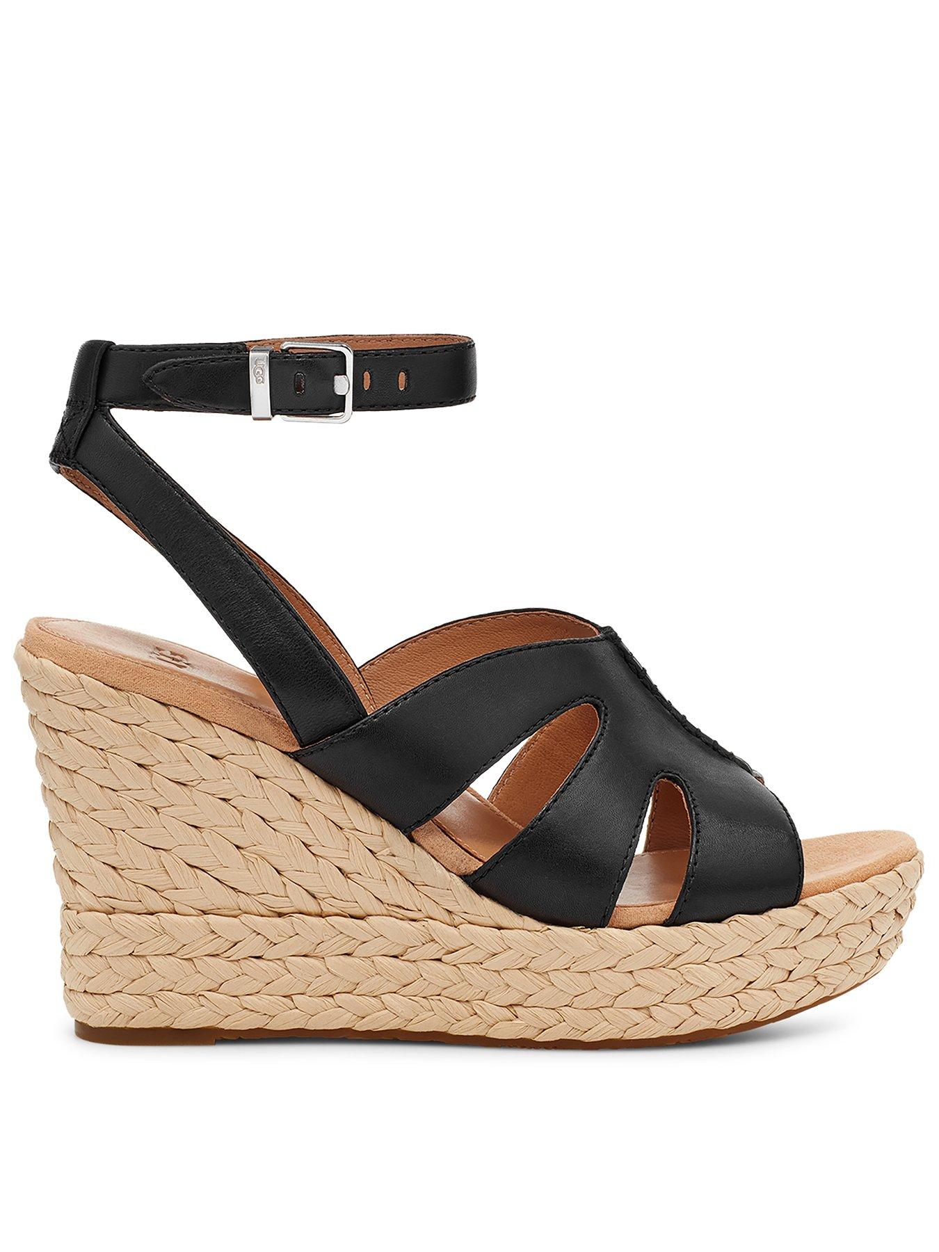 UGG Careena Wedge Sandal - Black Leather, Black, Size 5, Women