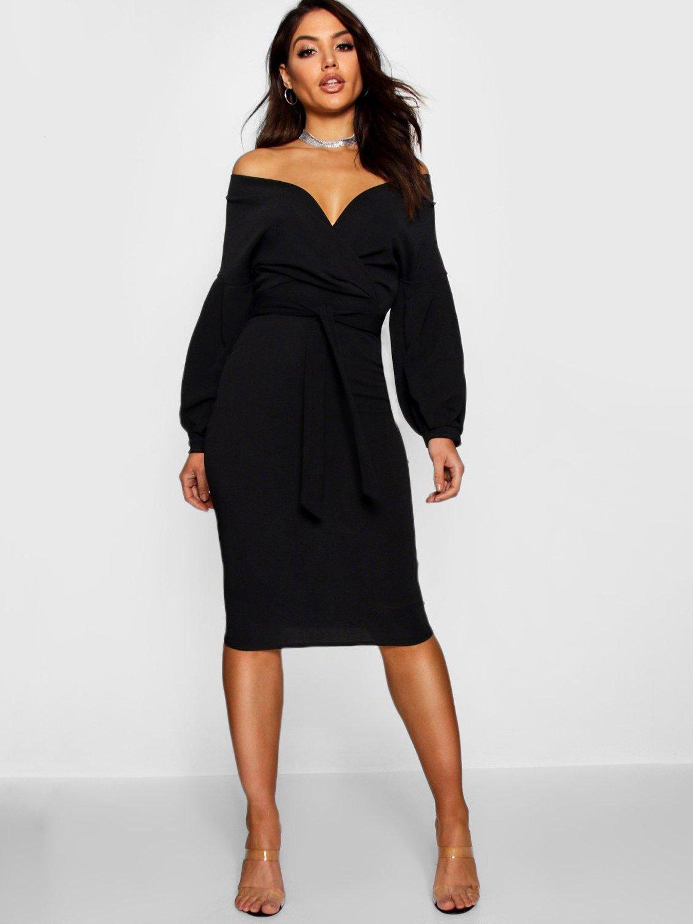 Off the shoulder store wrap midi dress