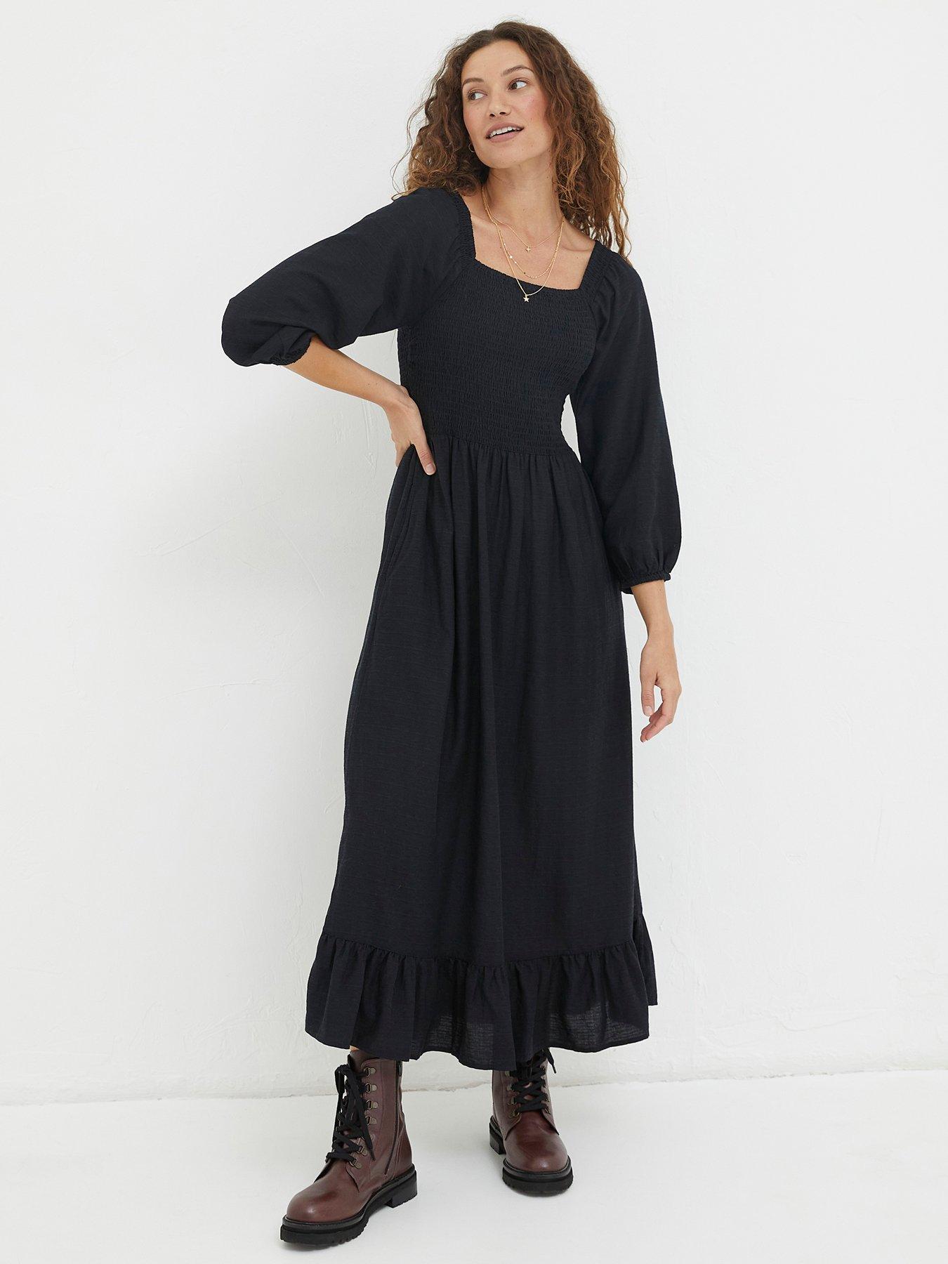 FatFace Adele Shirred Midi Dress - Black | Very.co.uk