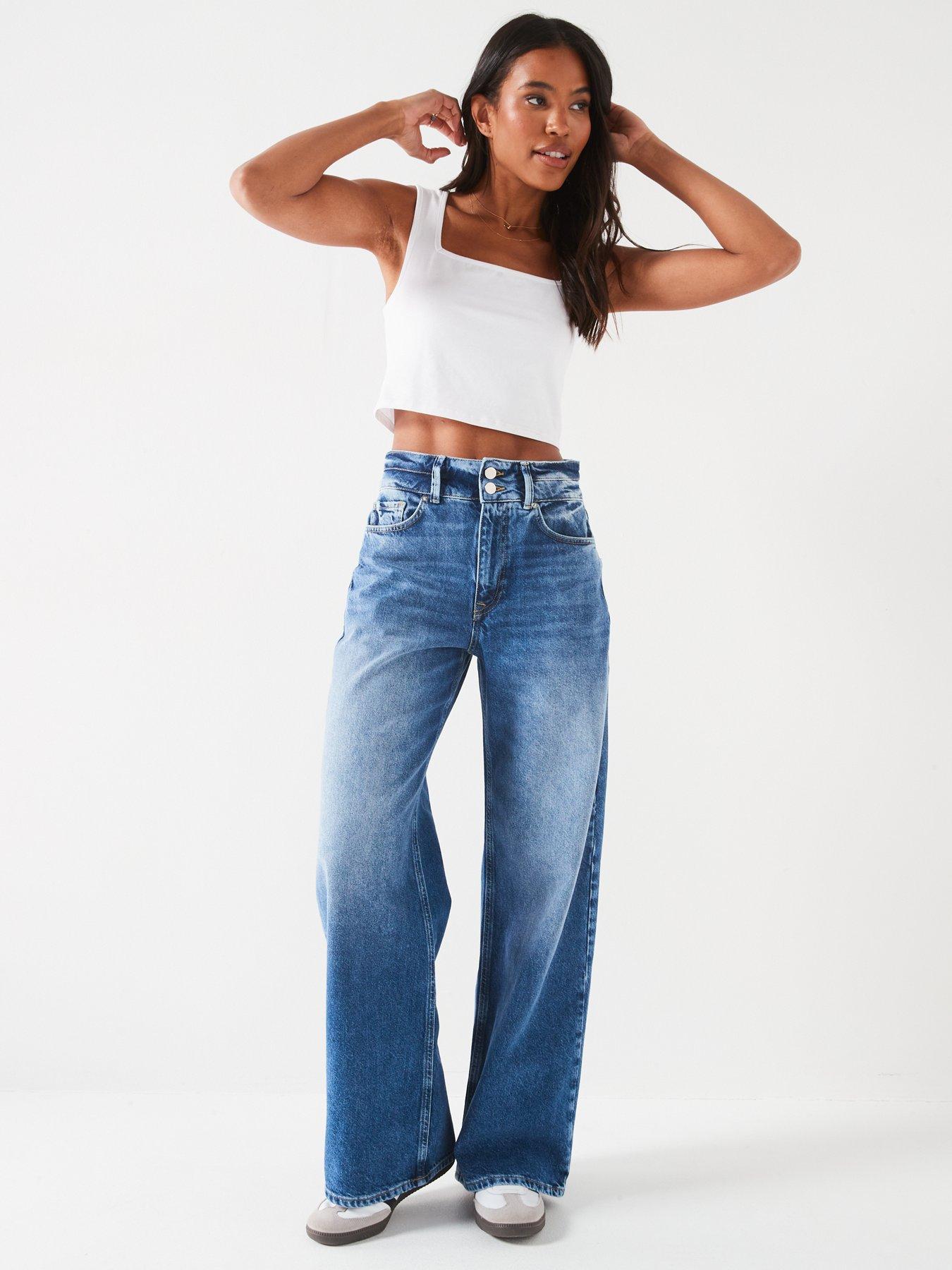 V by Very Double Button Waistband Wide Jeans - Mid Wash | Very.co.uk