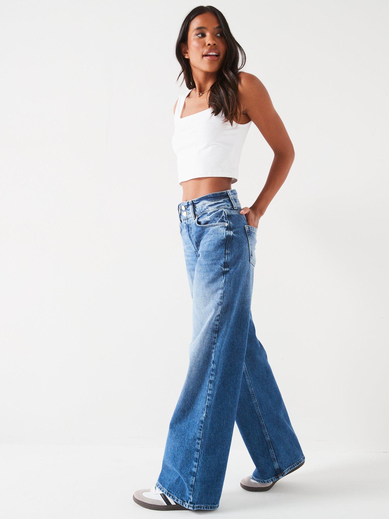 V by Very Double Button Waistband Wide Jeans - Mid Wash | Very.co.uk