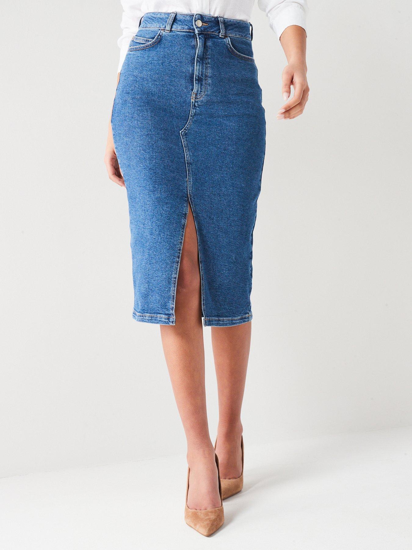 Split Front Denim Midi Skirt