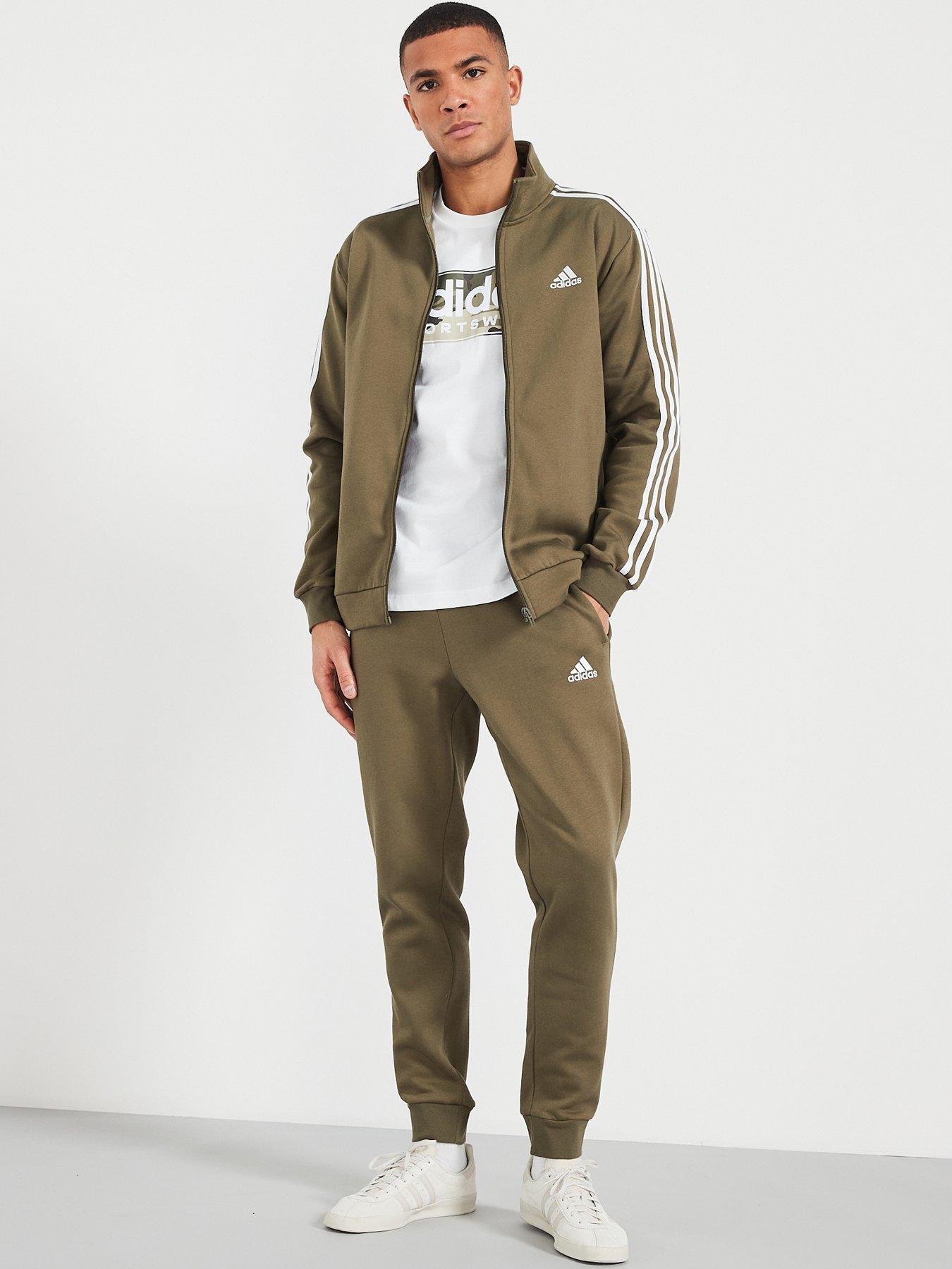 Grey adidas tracksuit with green stripes sale