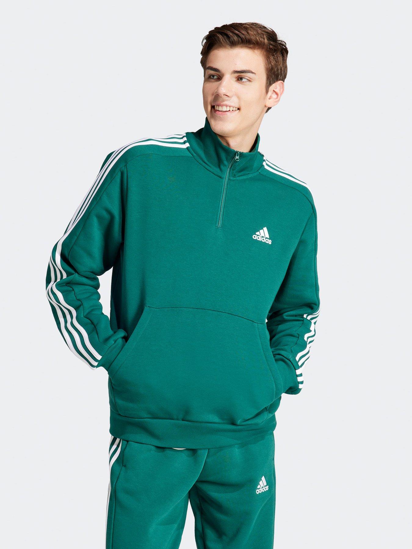 adidas Sportswear Mens 1/4 Zip 3 Stripe Sweatshirt - Green, Green, Size S, Men