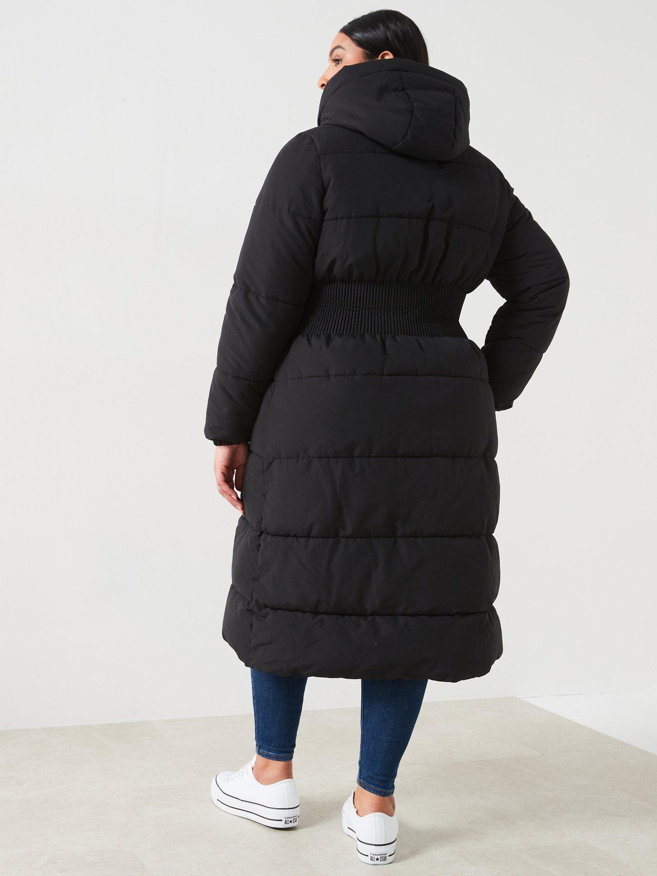 Hooded Cinched Waist Puffer Coat Black