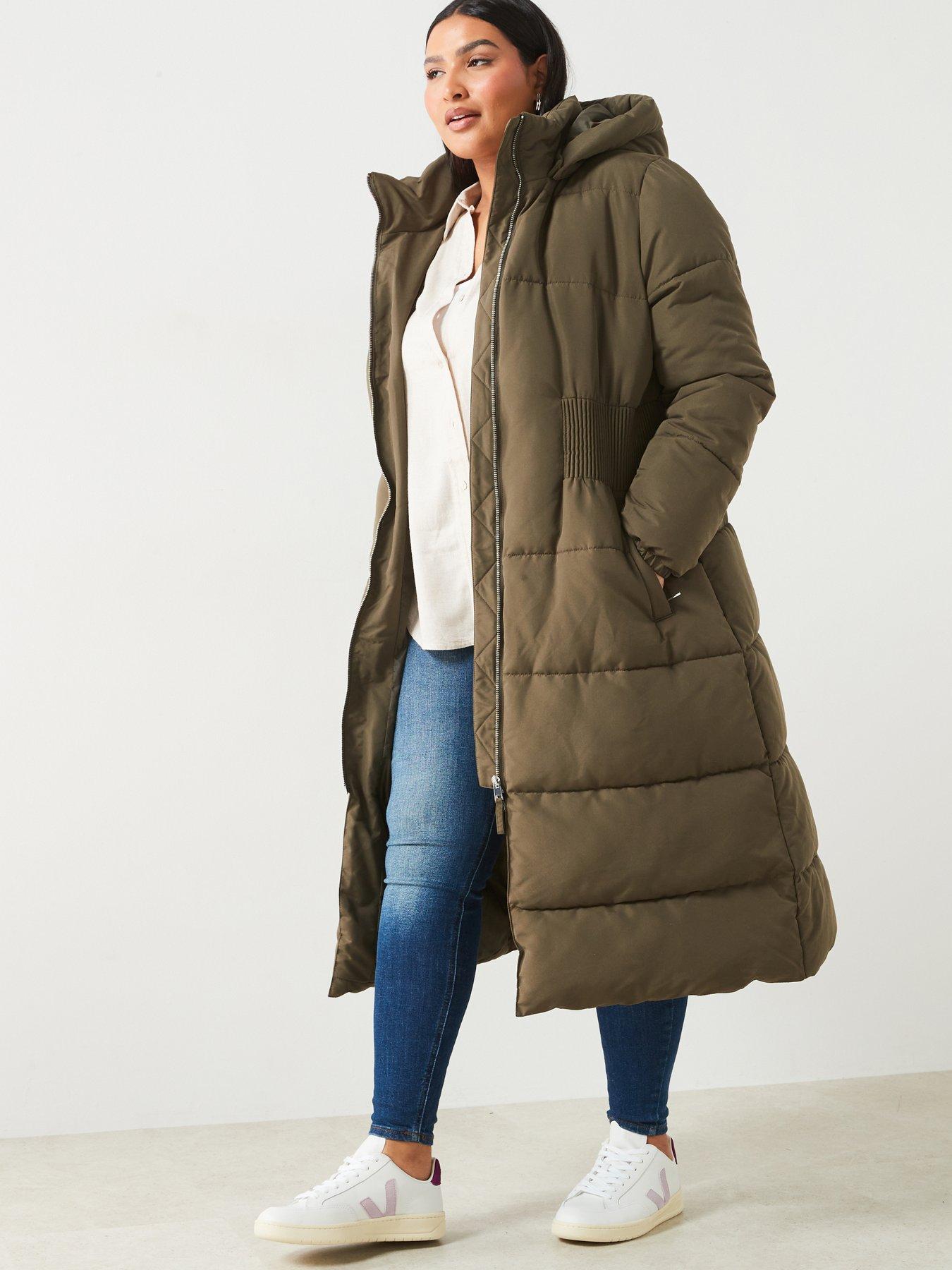 undefined Hooded Cinched Waist Puffer Coat - Khaki