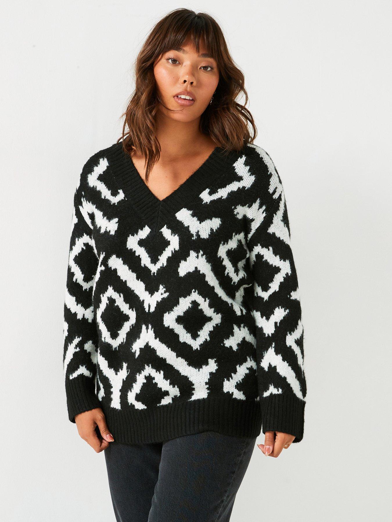 V By Very Curve V Neck Pattern Jumper, Print, Size 16, Women