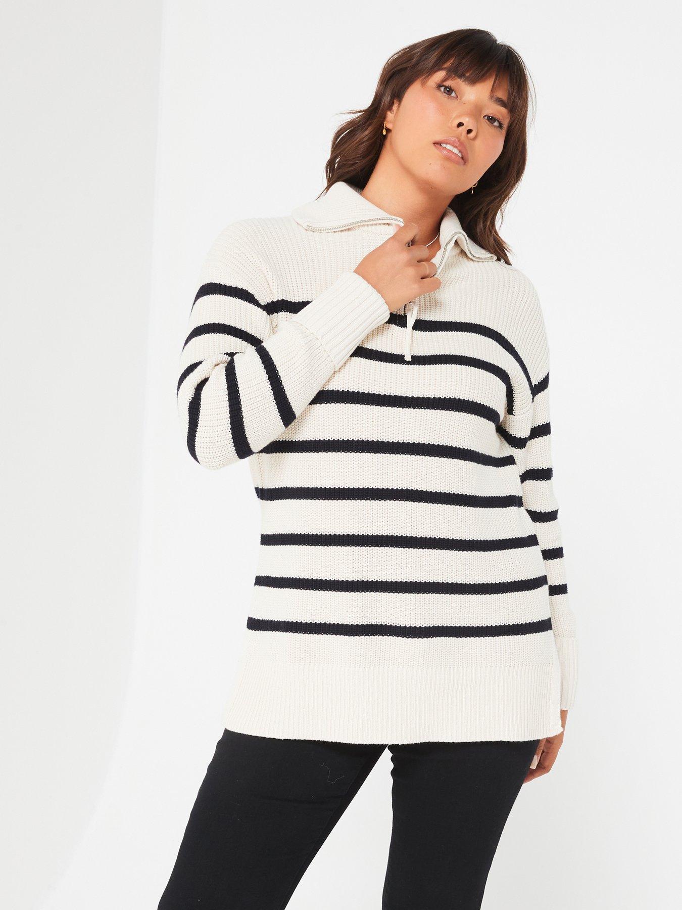 V By Very Curve Zip Neck Stripe Jumper, Print, Size 16, Women