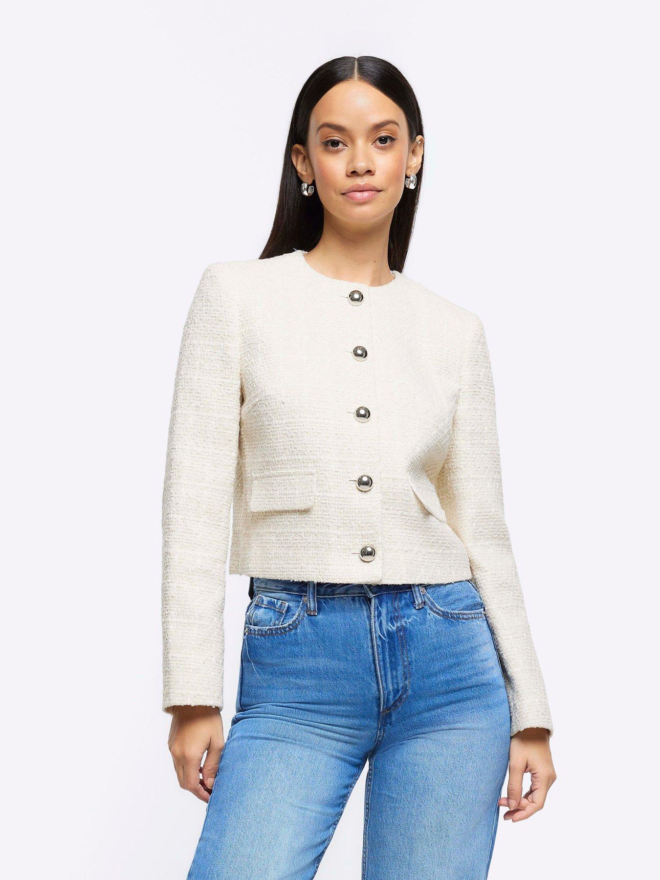 River Island Boucle Tailored Bomber Jacket - Cream