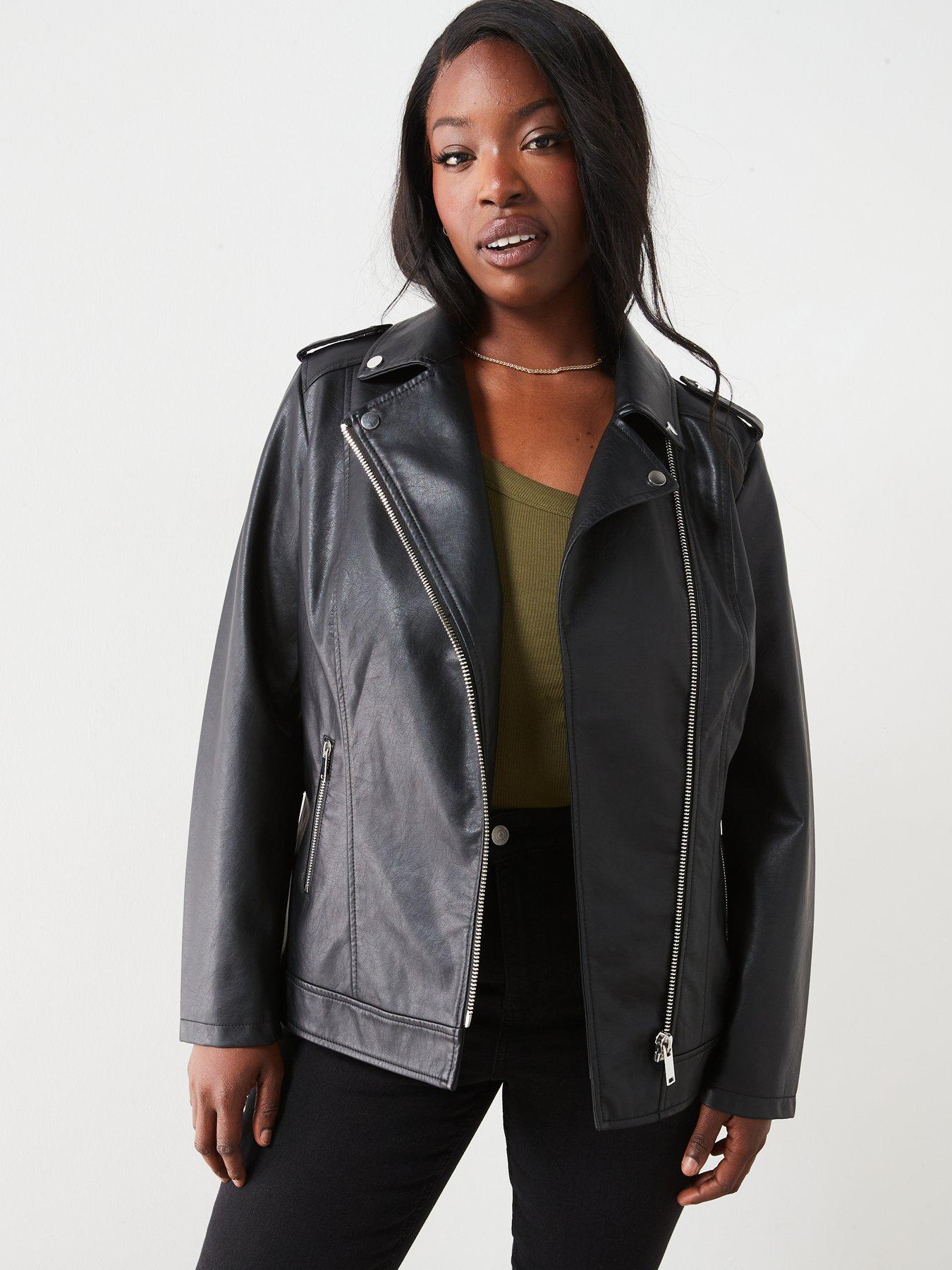 V by Very Curve Longline Faux Leather Biker Jacket Black Very