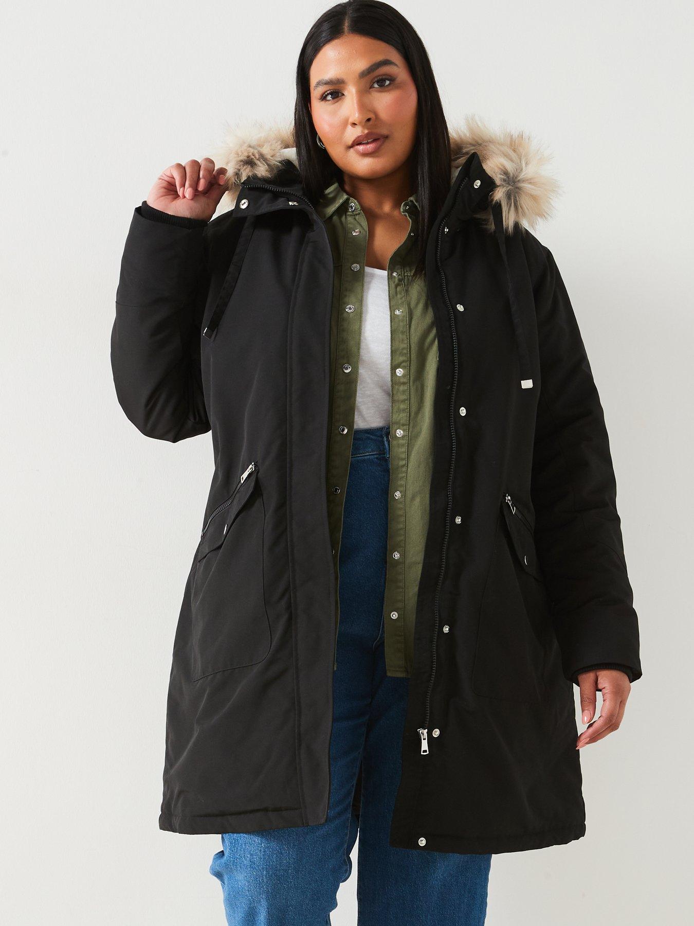 Faux Fur Trim Hooded Parka Black