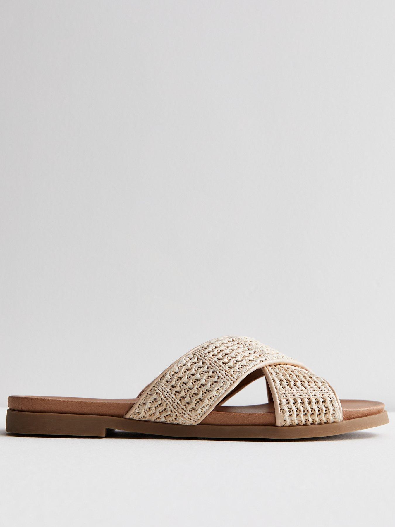 Off White Raffia Cross Strap Mule Sandals