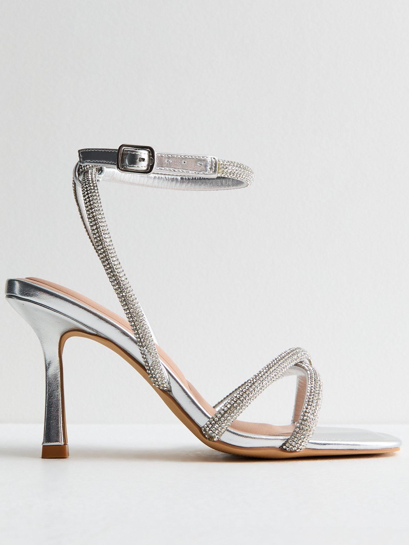 Glamorous Silver Sandals For Women, Glitter Chunky Heeled Ankle Strap  Sandals | SHEIN
