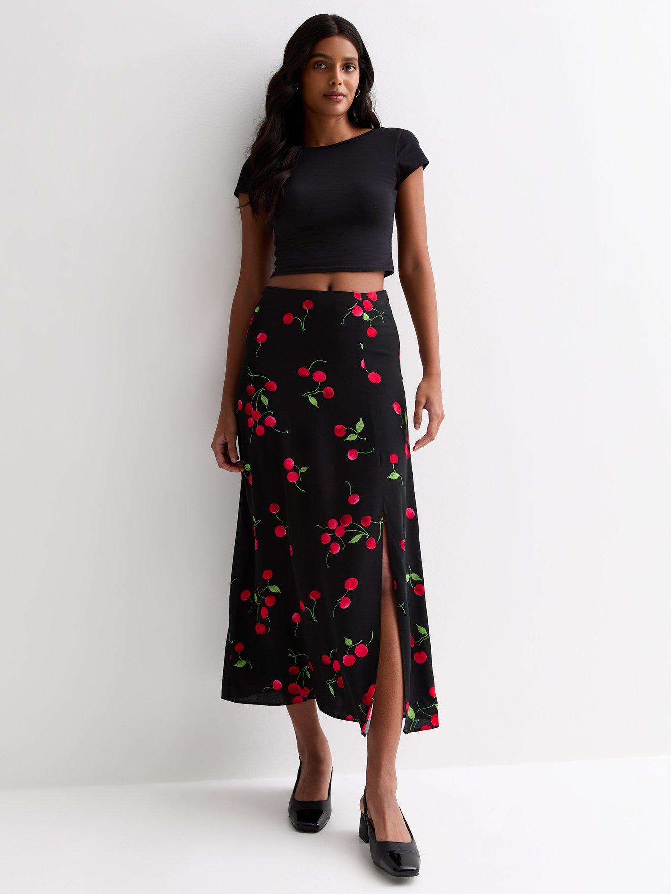 New Look Black Cherry Print Split Hem Midi Skirt