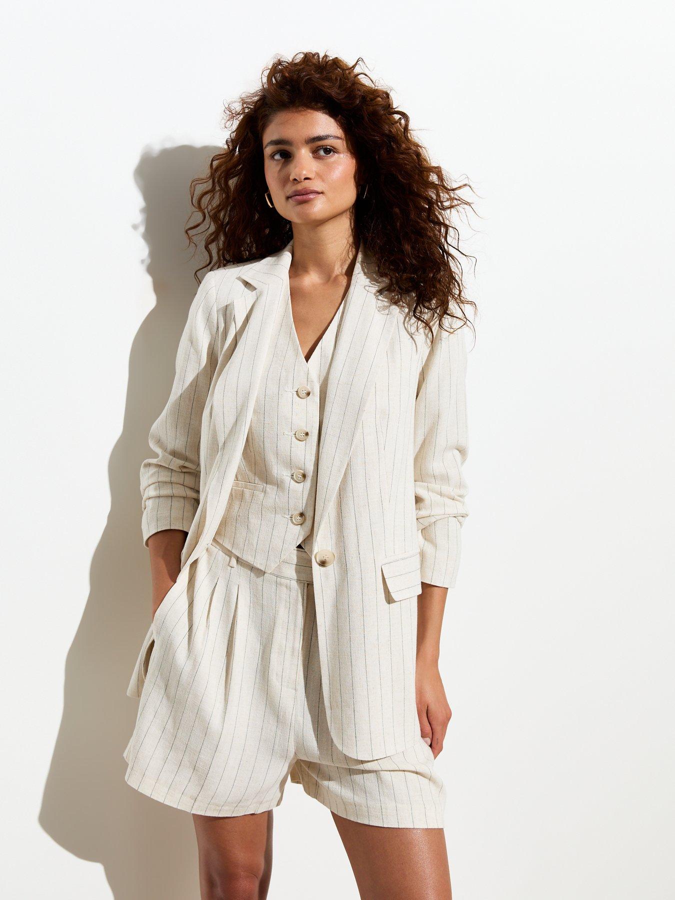 New Look Off White Pinstripe Linen look Blazer Very