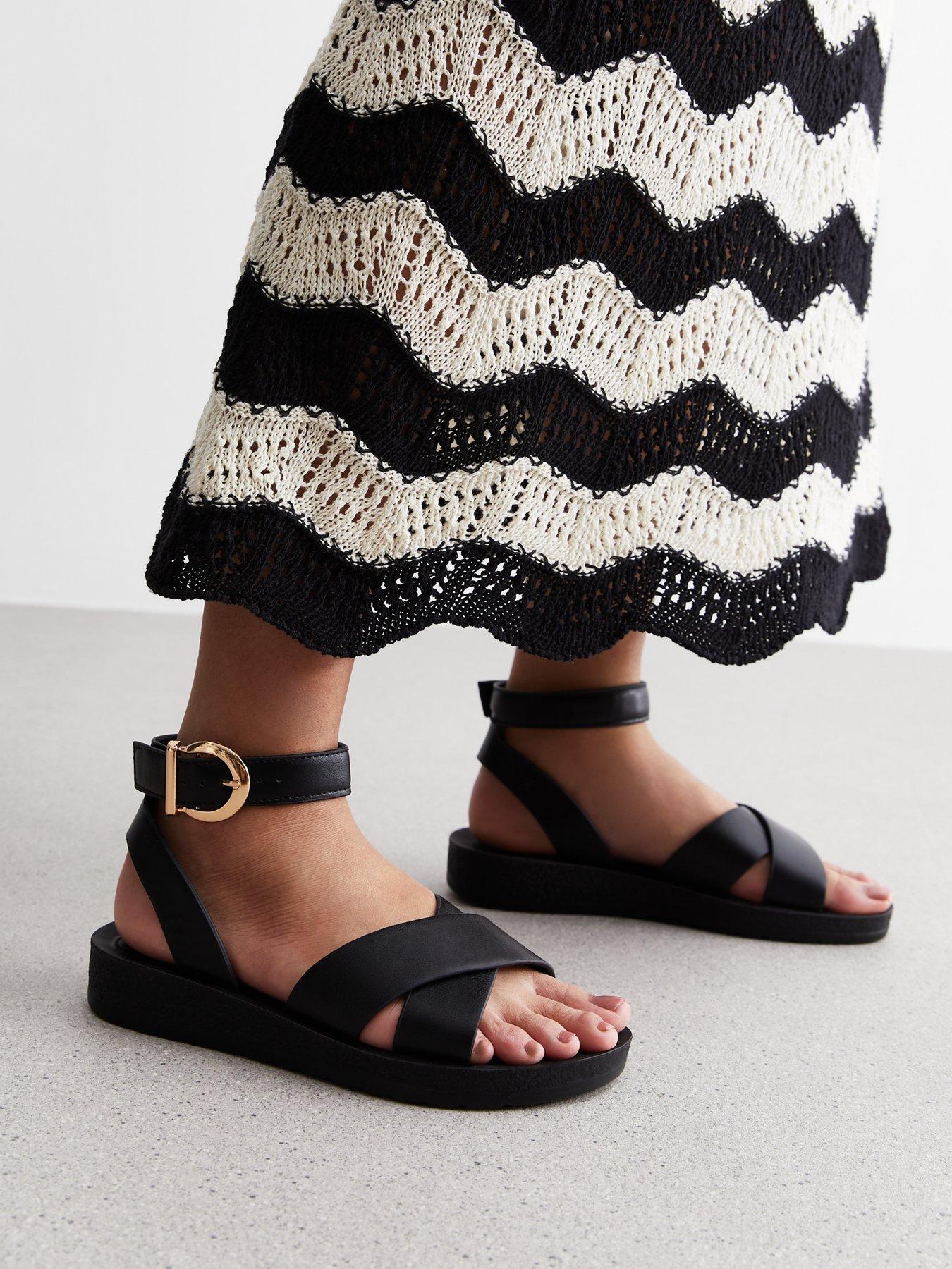 New Look Wide Fit Black Leather Look 2 Part Chunky Sandals Very