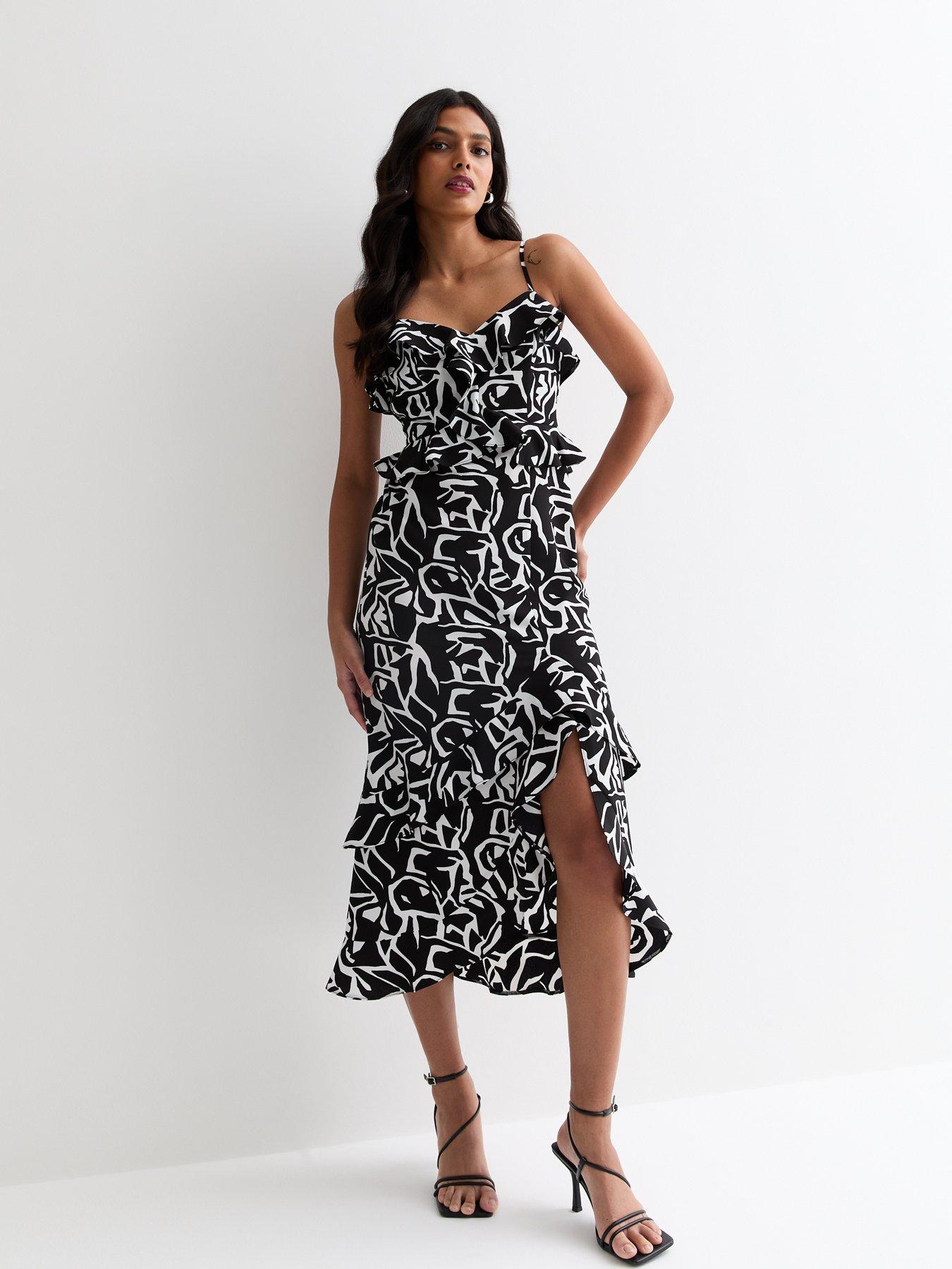 Black Abstract Print Strappy Ruffle Midi Dress