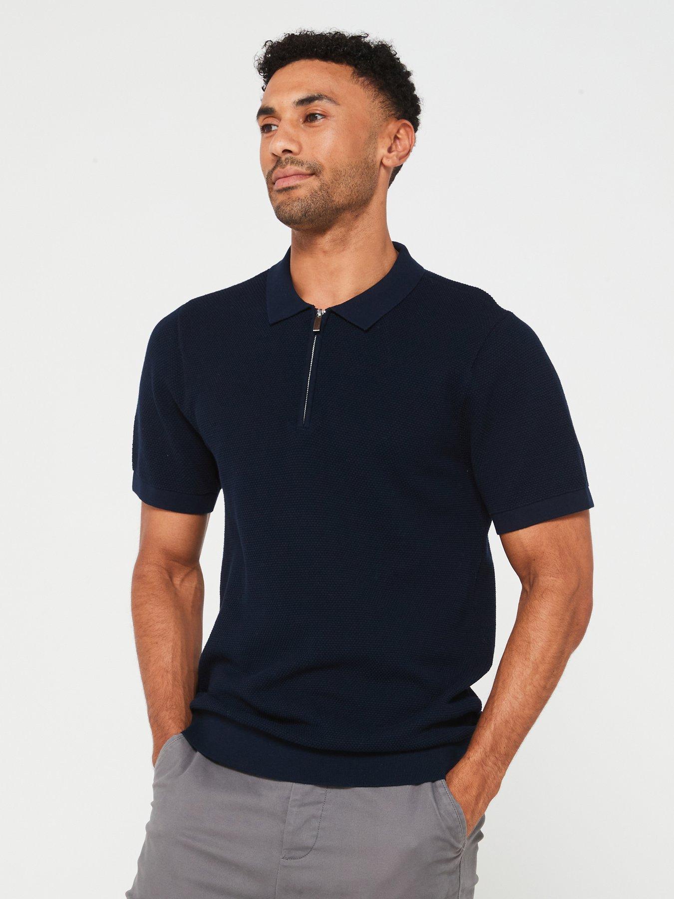 Very Man Textured Knitted Zip Polo Navy