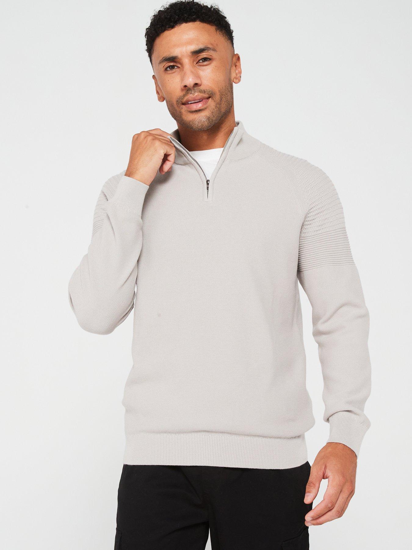 undefined Textured Sleeve Panel 1/4 Zip Jumper - Light Grey