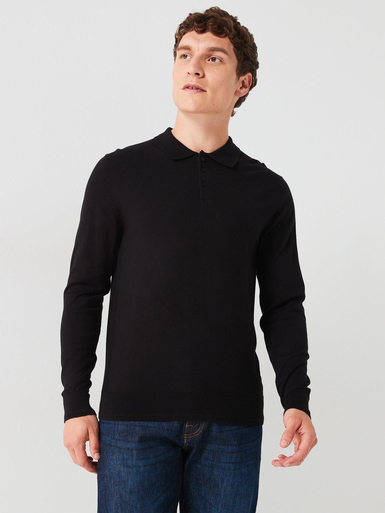 undefined Cotton Rich Long Sleeve Knitted Polo - Black