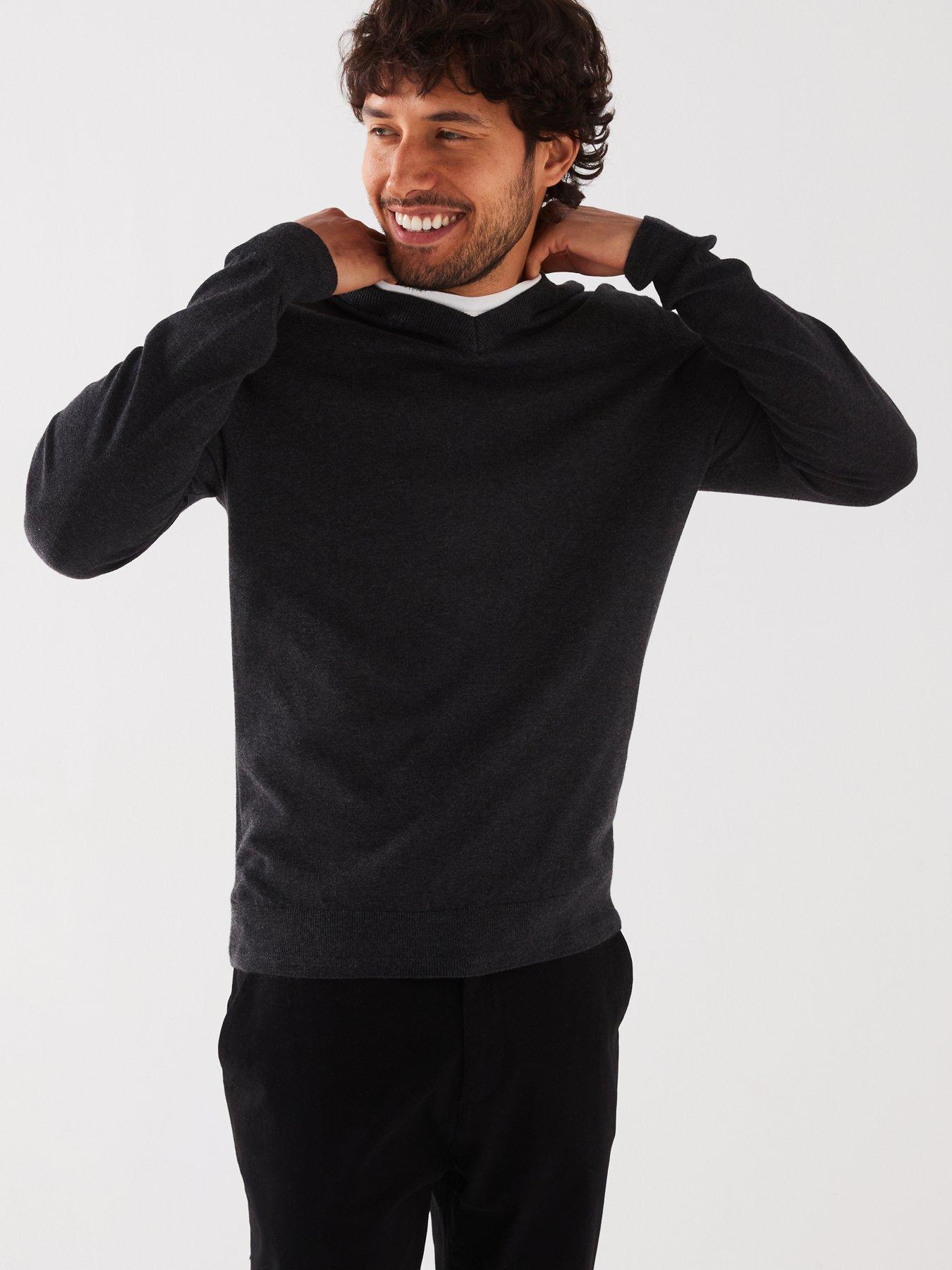 undefined Cotton Rich V-Neck Knitted Jumper - Dark Grey