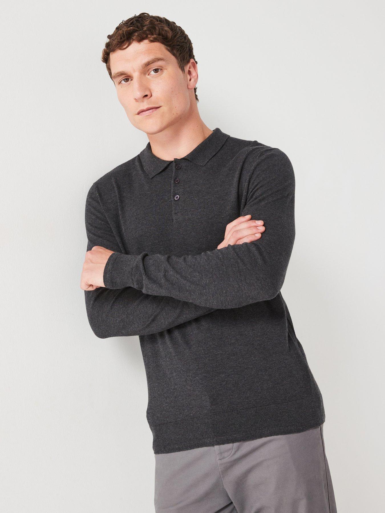 undefined Cotton Rich Long Sleeve Knitted Polo - Charcoal