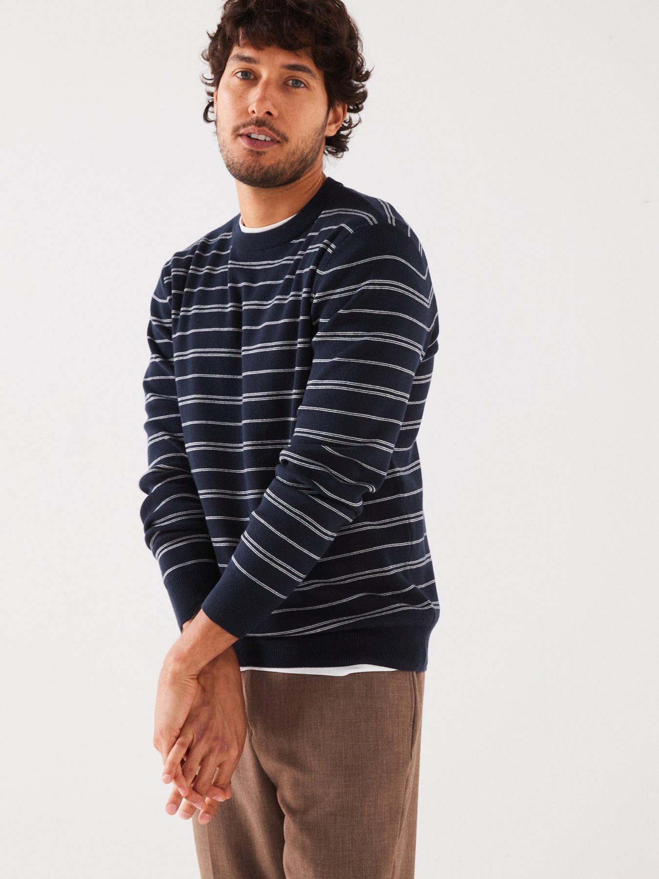 undefined Striped Knitted Crew Neck Jumper - Navy