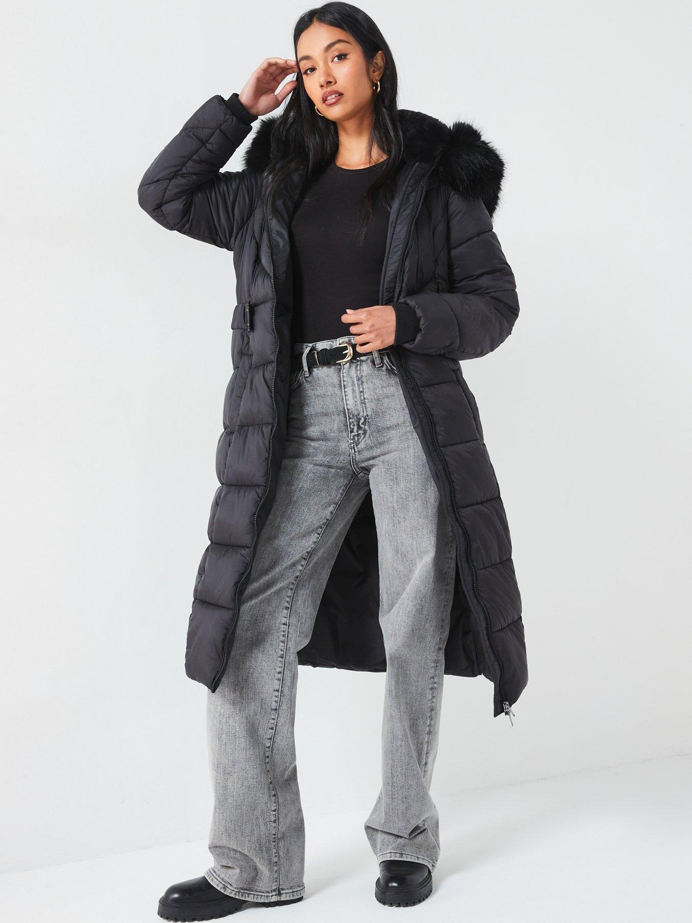 undefined Longline Padded Belted Coat With Faux Fur Trim - Black