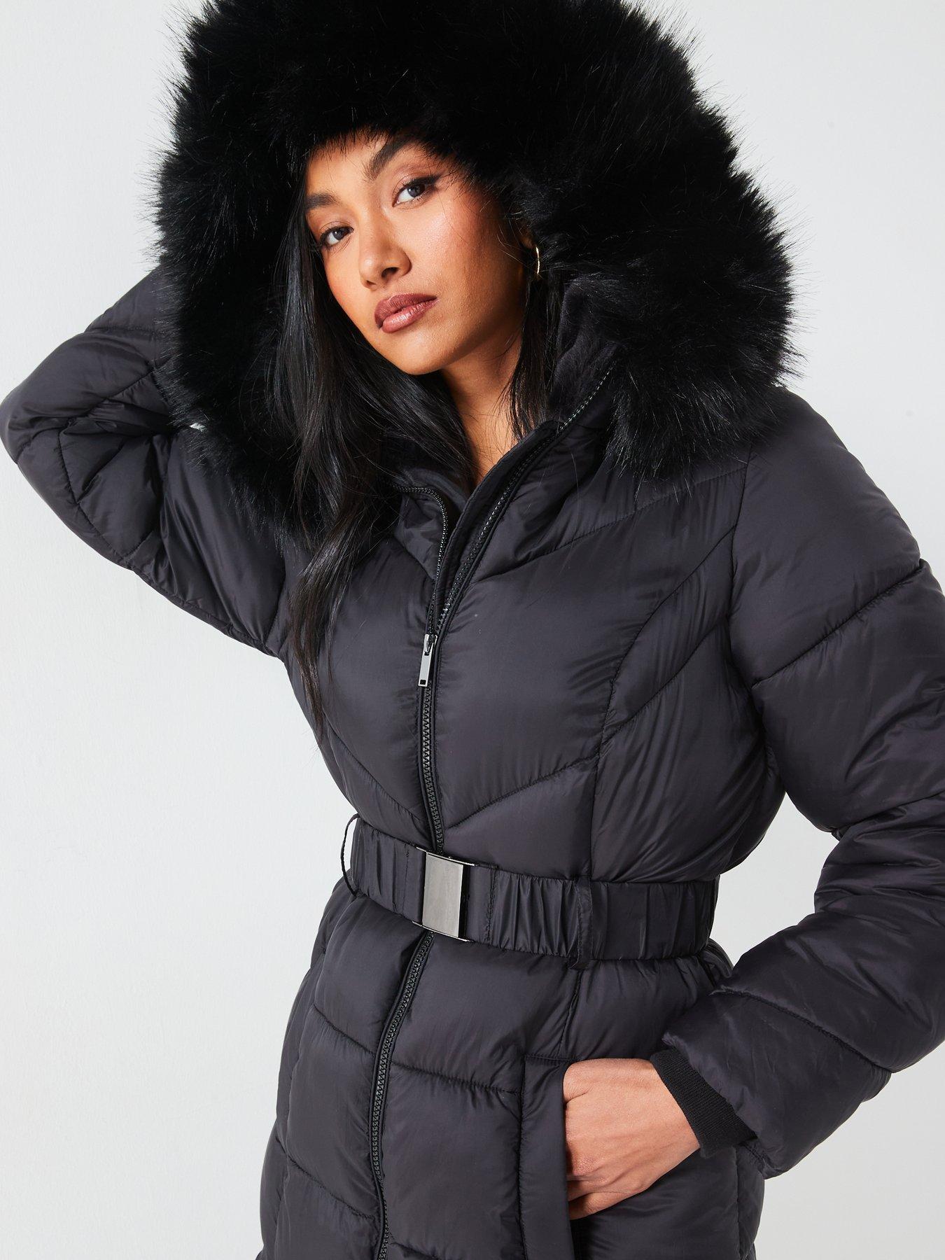 Longline Padded Belted Coat With Faux Fur Trim Black