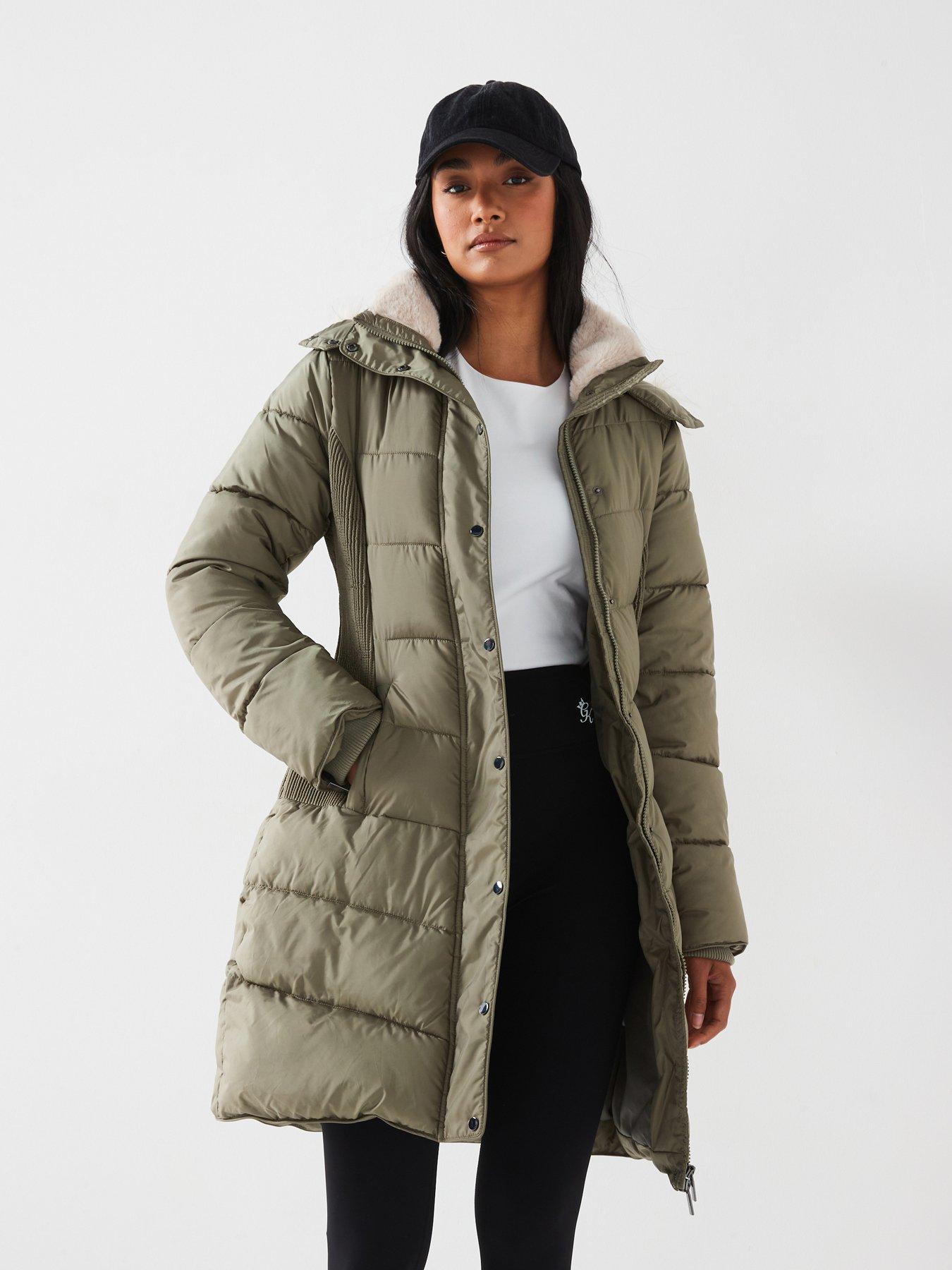 undefined Waist Detail Padded Coat - Khaki