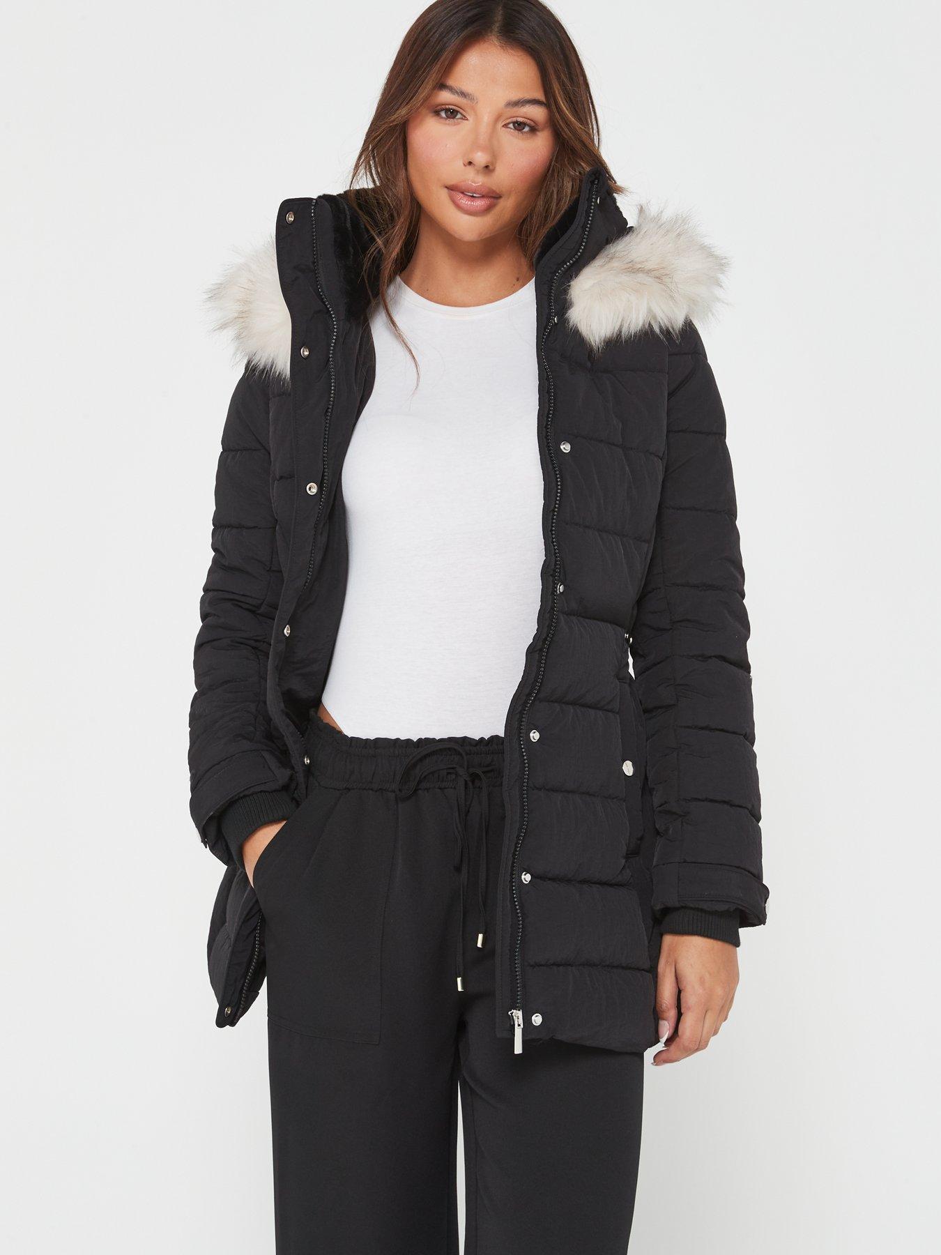 undefined Padded Short Coat With Faux Fur Trim Hood - Black