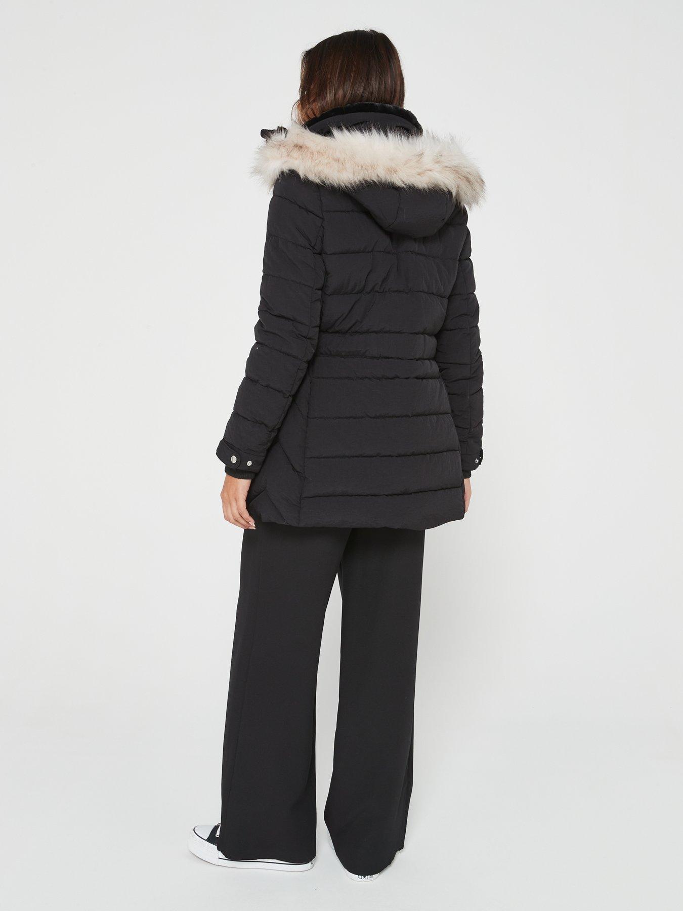 Image 2 of 6 of Everyday Padded Short Coat With Faux Fur Trim Hood - Black