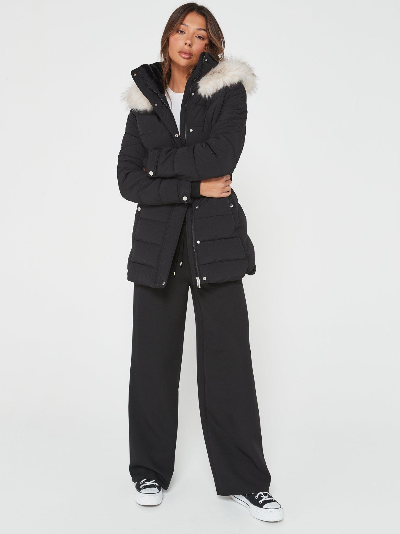 Image 3 of 6 of Everyday Padded Short Coat With Faux Fur Trim Hood - Black