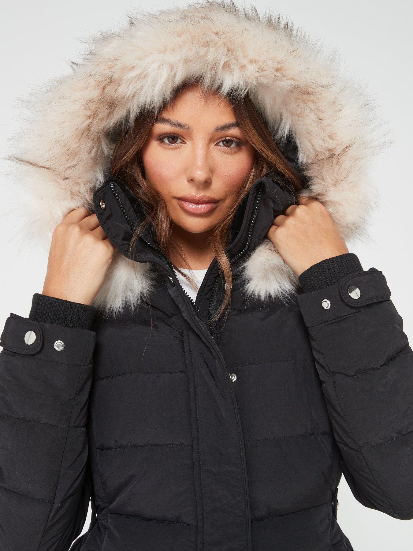 Short black jacket with fur hood on sale