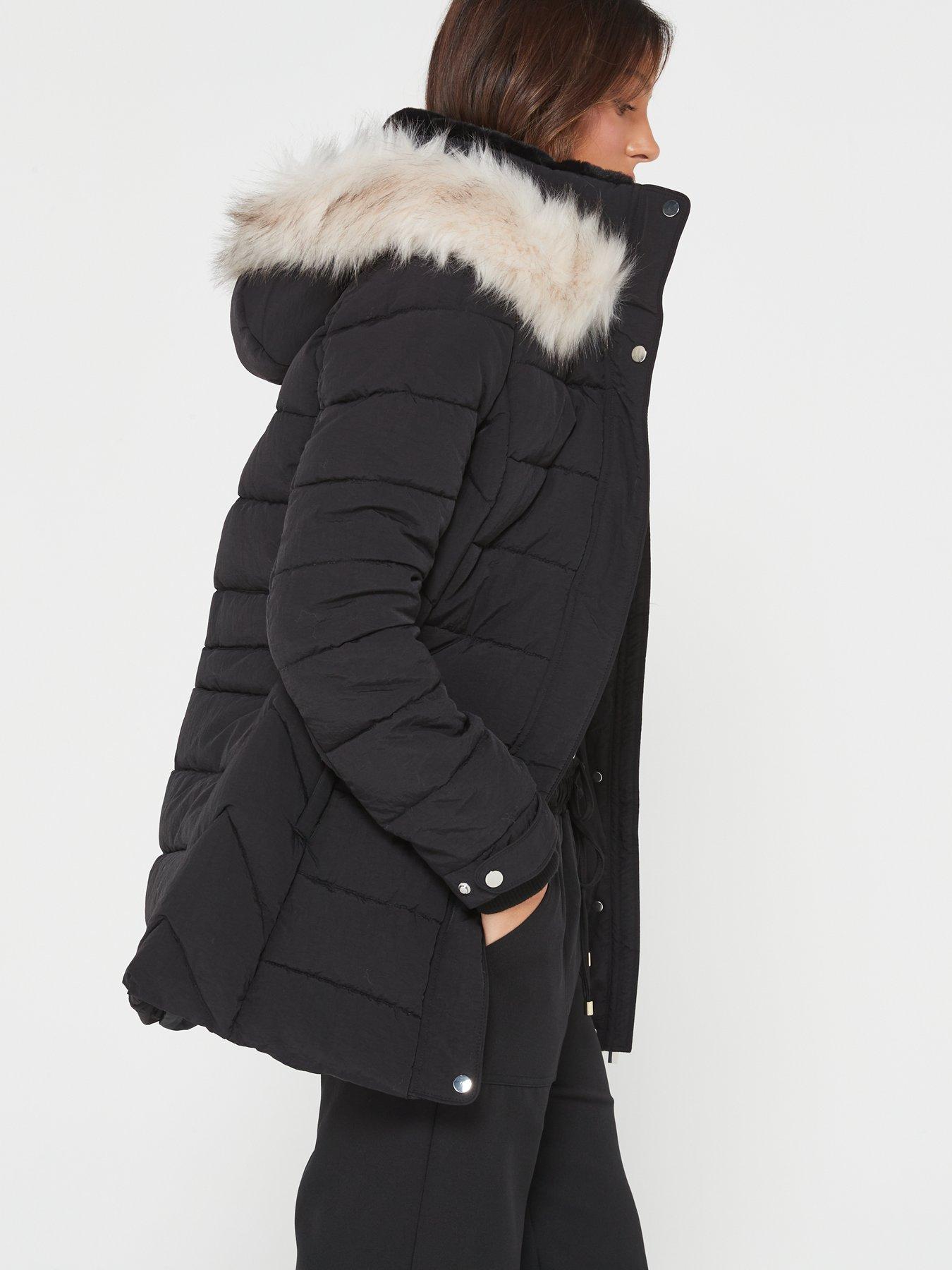 Image 6 of 6 of Everyday Padded Short Coat With Faux Fur Trim Hood - Black