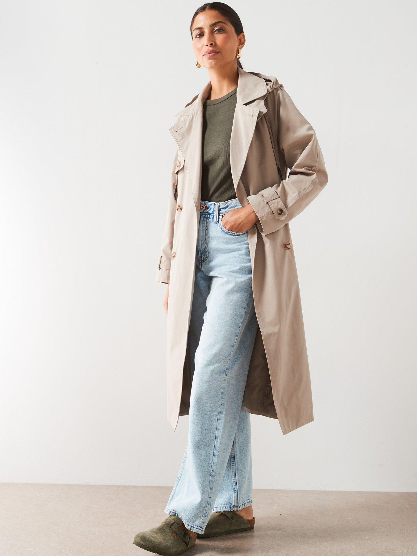 V by Very Cotton Blend Hooded Trench Coat Stone