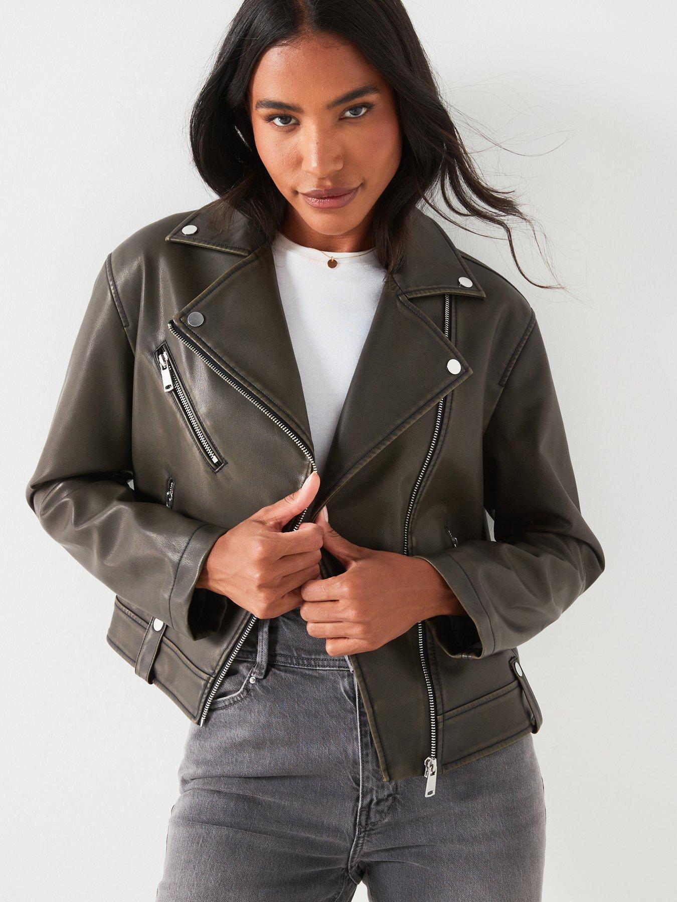 undefined Distressed Faux Leather Biker - Brown