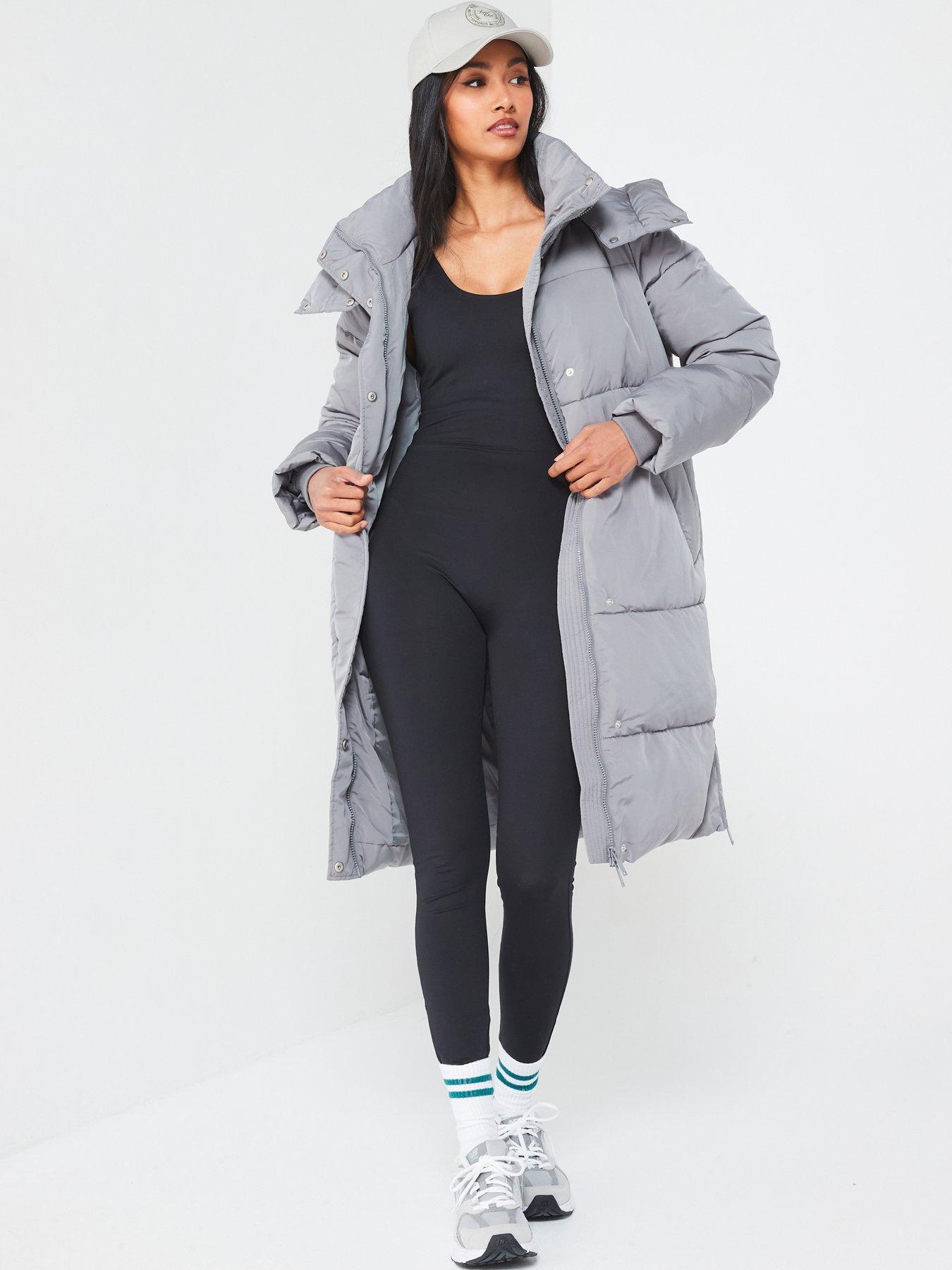 Ladies long grey puffer coat sale