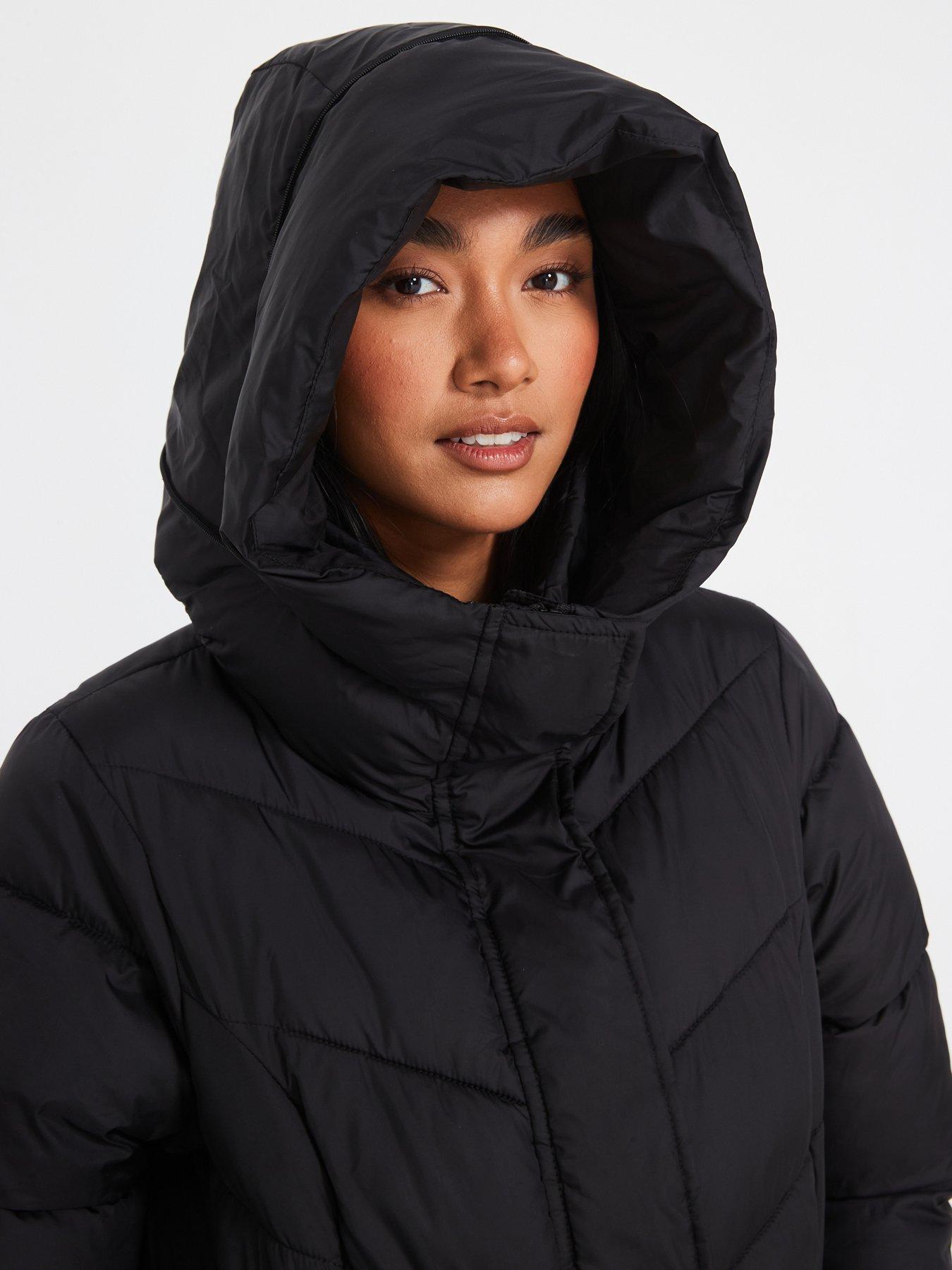 Longline Sorona Padded Coat With Pull Out Hood Black