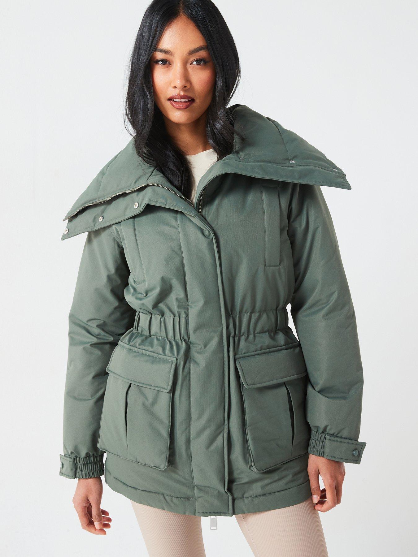 undefined Padded Coat With Funnel Neck - Green - Khaki