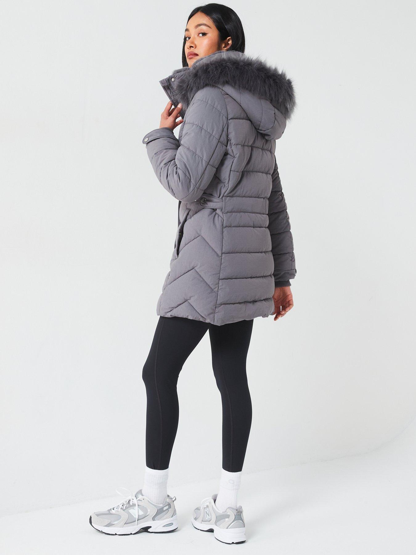 Padded Short Coat With Faux Fur Trim Hood Grey