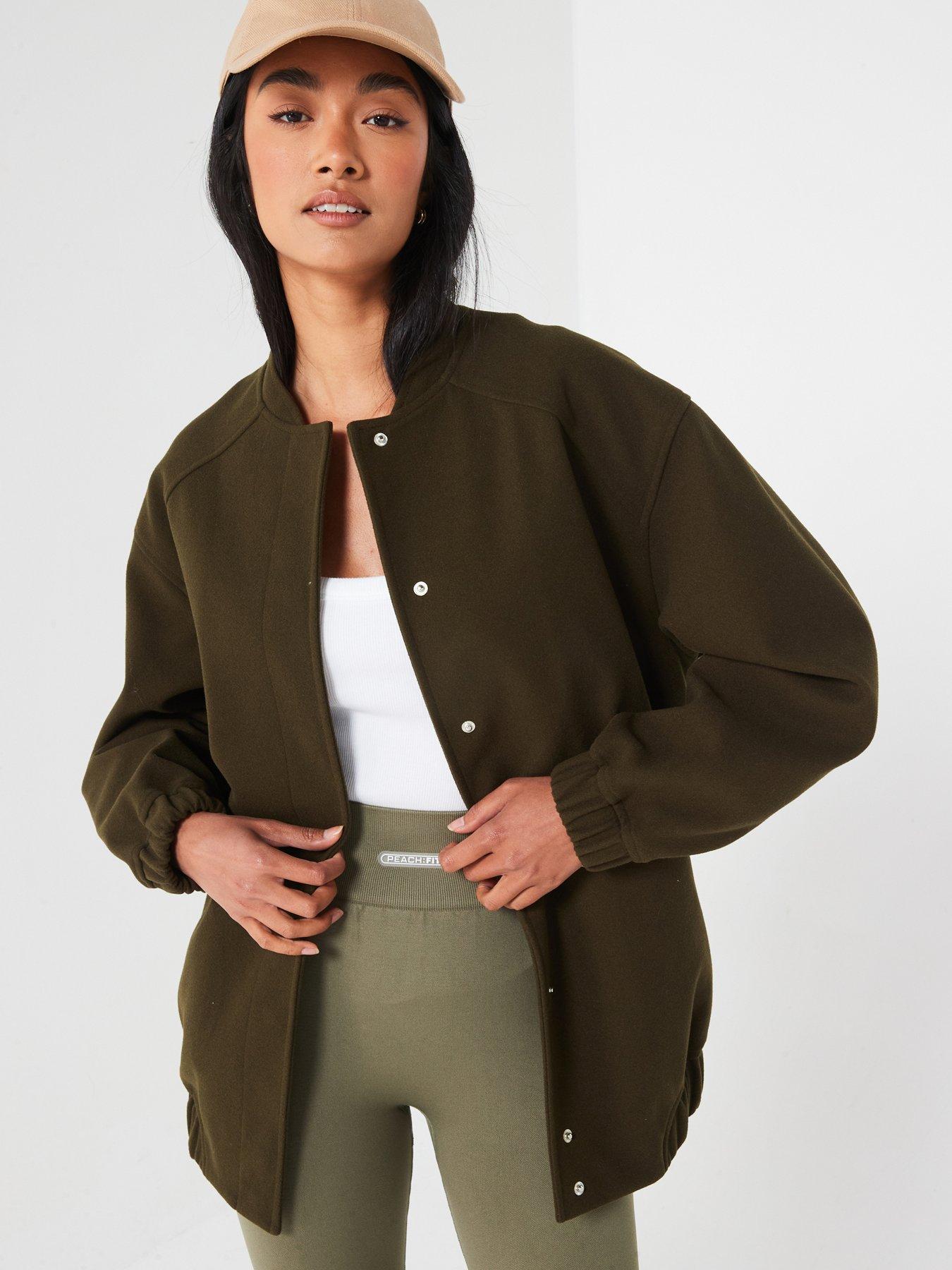 undefined Faux Wool Bomber Jacket - Khaki