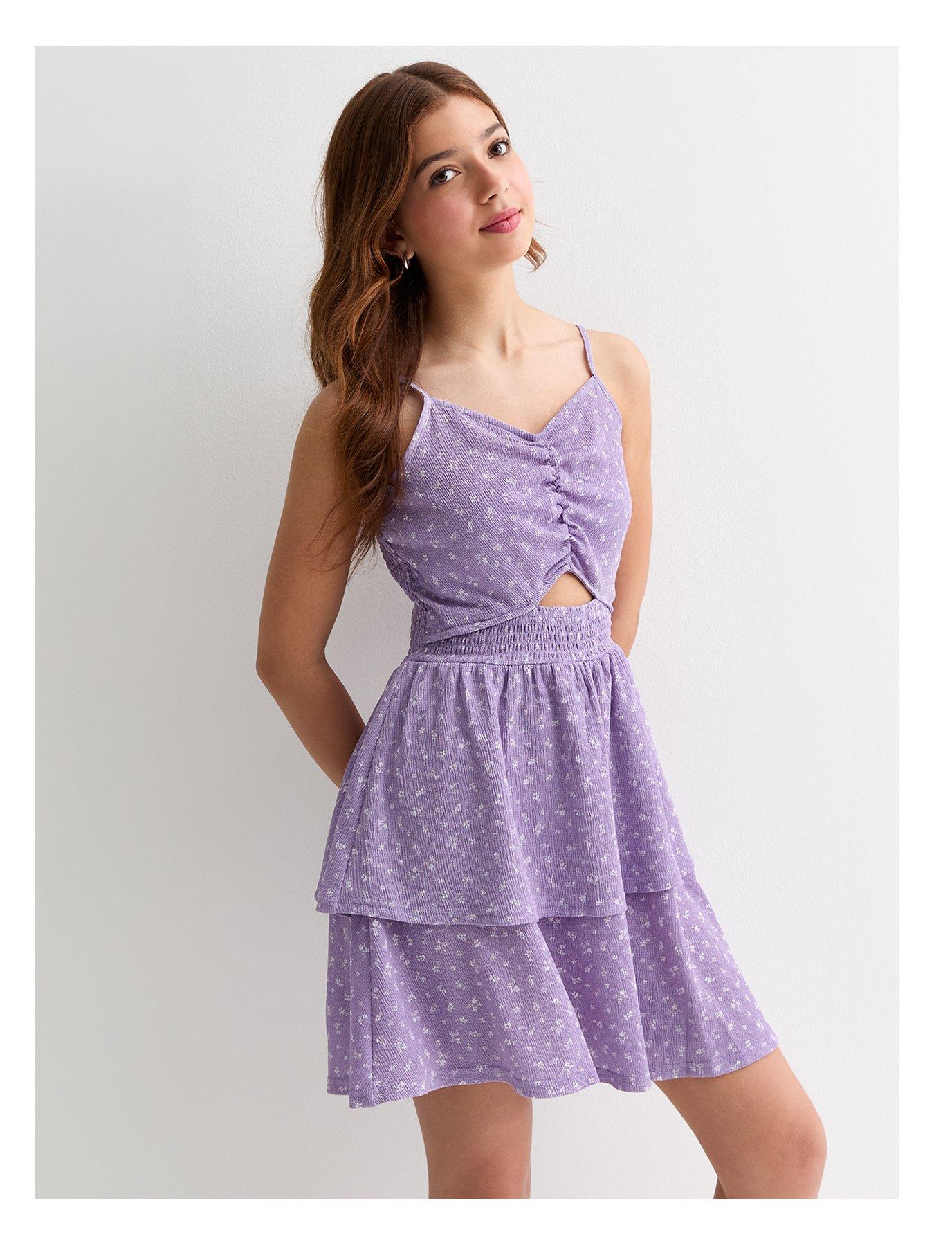 Girls Lilac Ditsy Floral Textured Strappy Ruched Dress